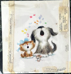 Carte de voeux Chien et Chaton Illustration peinture (Décoration chambre d'enfant)