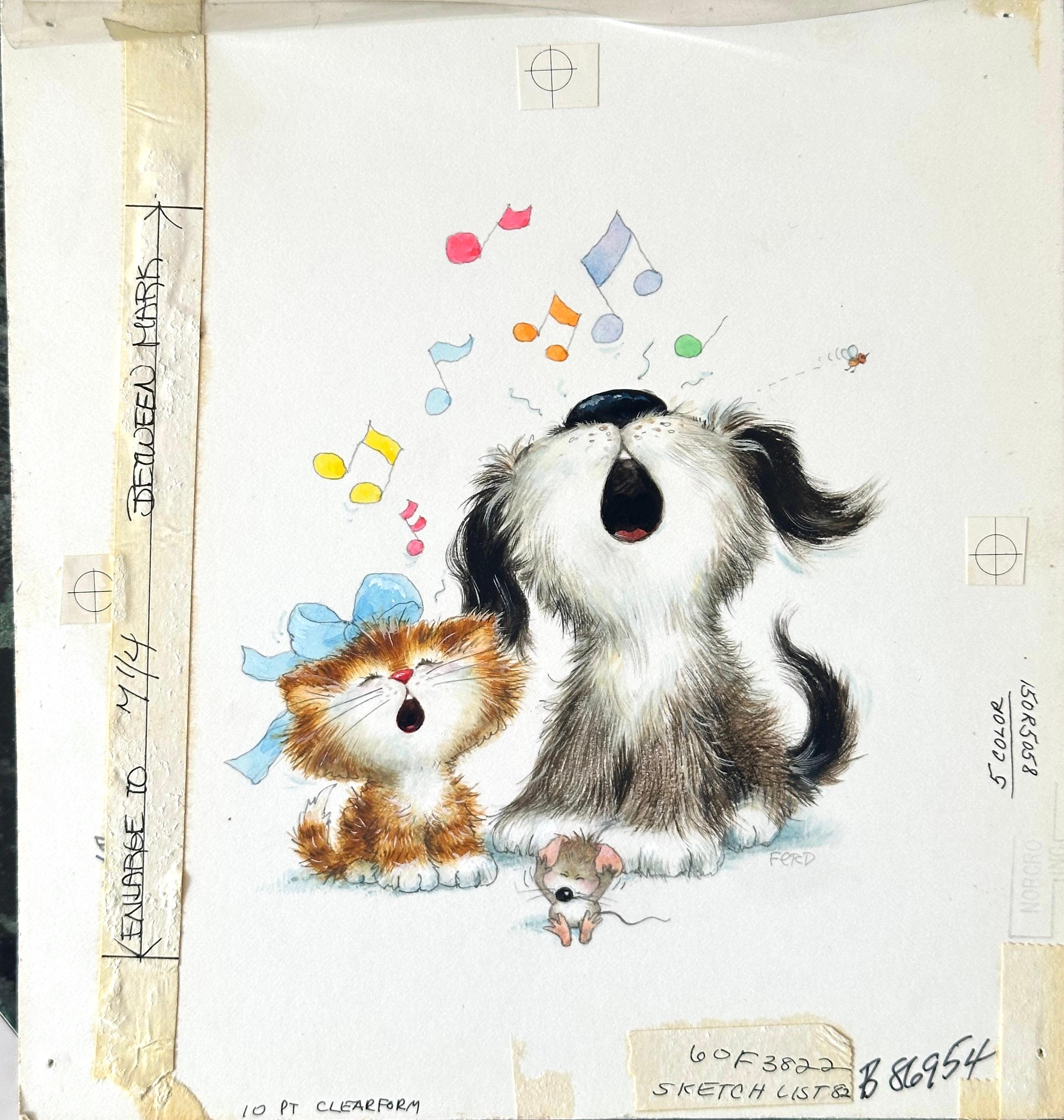 Puppy Dog & Kitten Greeting Card Illustration painting (Children's room decor) - Realist Painting by Ferd Sondern