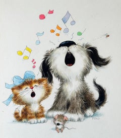 Puppy Dog & Kitten Greeting Card Illustration painting (Children's room decor)