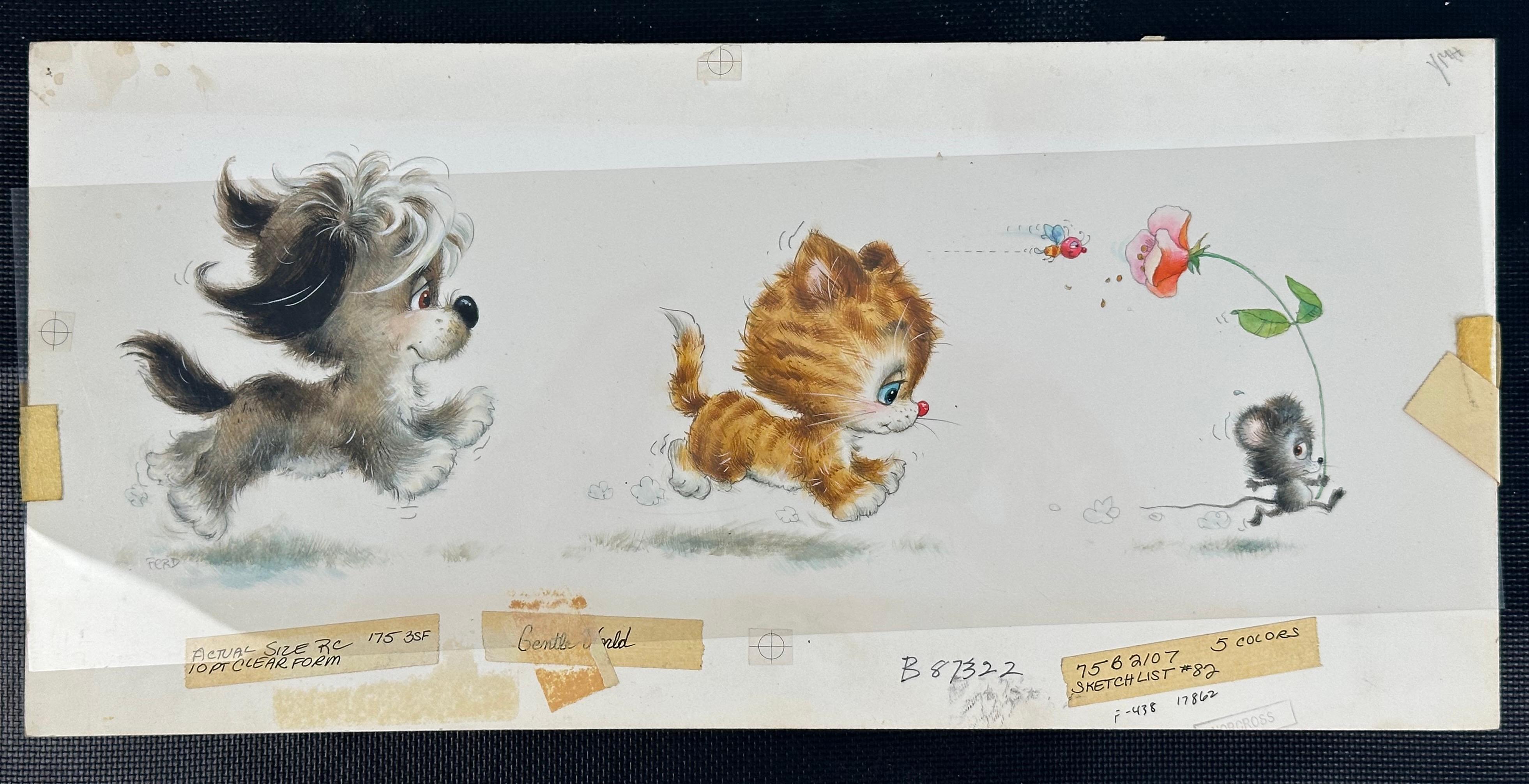 Puppy Dog, Kitten, Mouse Greeting Card painting (Children's room decor) - Painting by Ferd Sondern