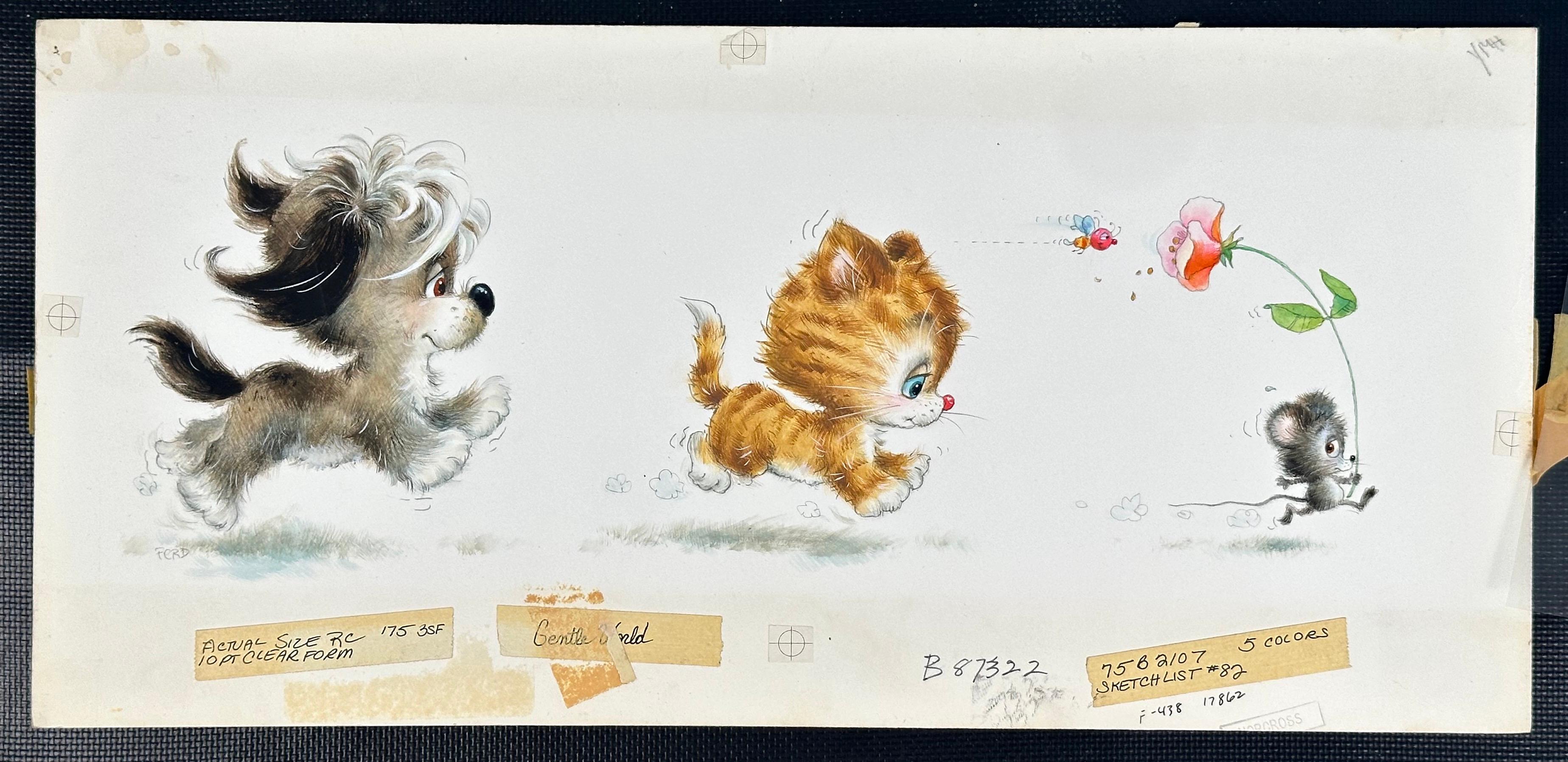 Puppy Dog, Kitten, Mouse Greeting Card painting (Children's room decor) - Realist Painting by Ferd Sondern