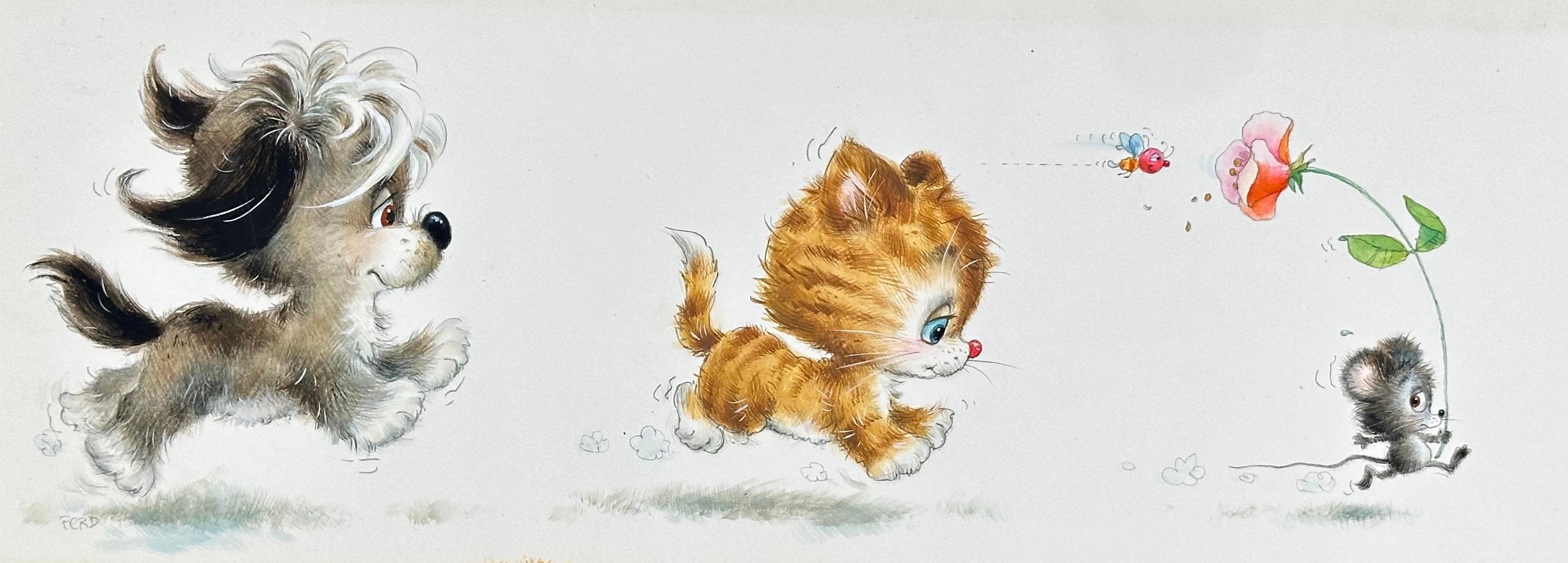 Ferd Sondern Figurative Painting - Puppy Dog, Kitten, Mouse Greeting Card painting (Children's room decor)