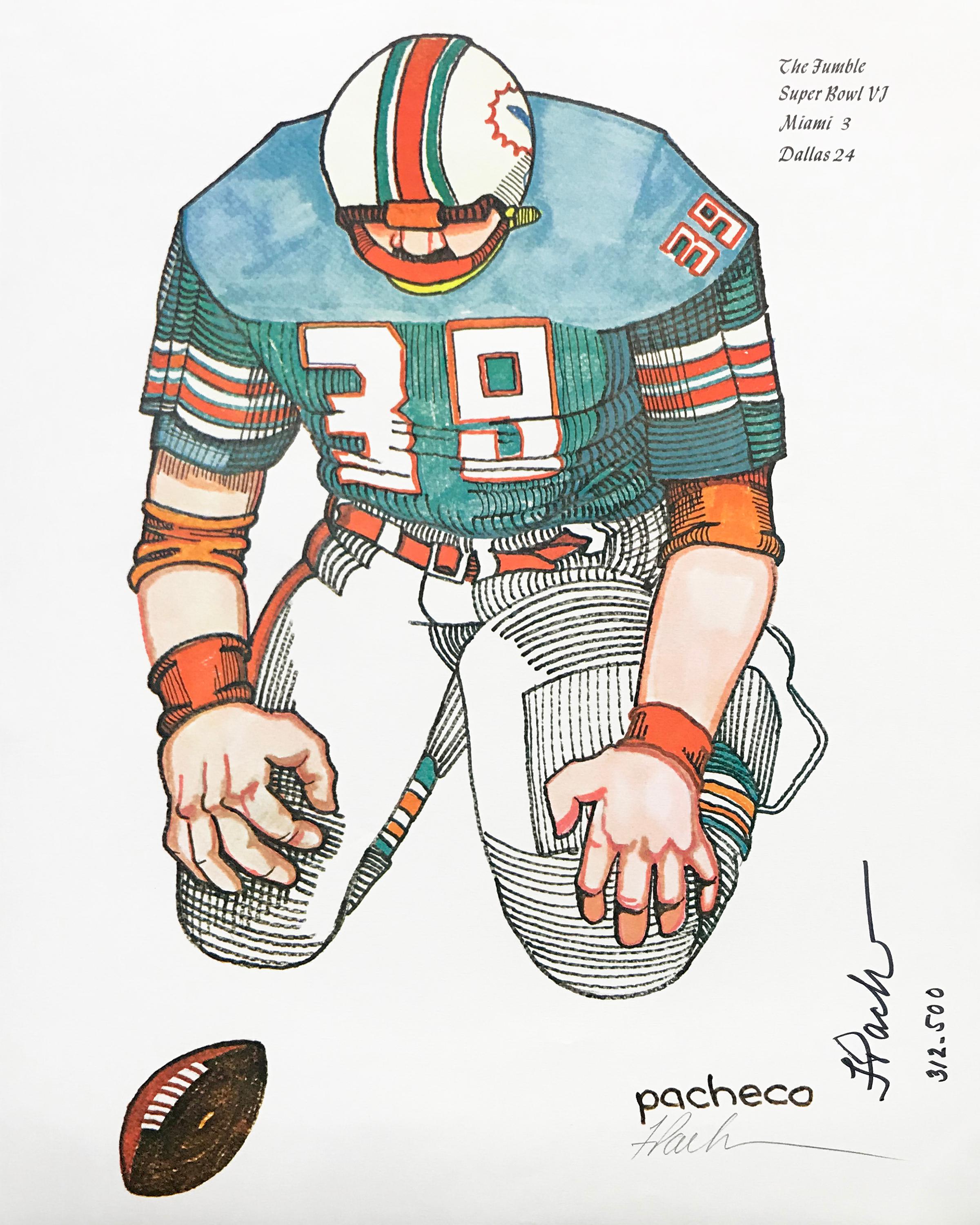 Ferdie Pacheco Figurative Print - THE FUMBLE SUPER BOWL VI (MIAMI DOLPHINS)