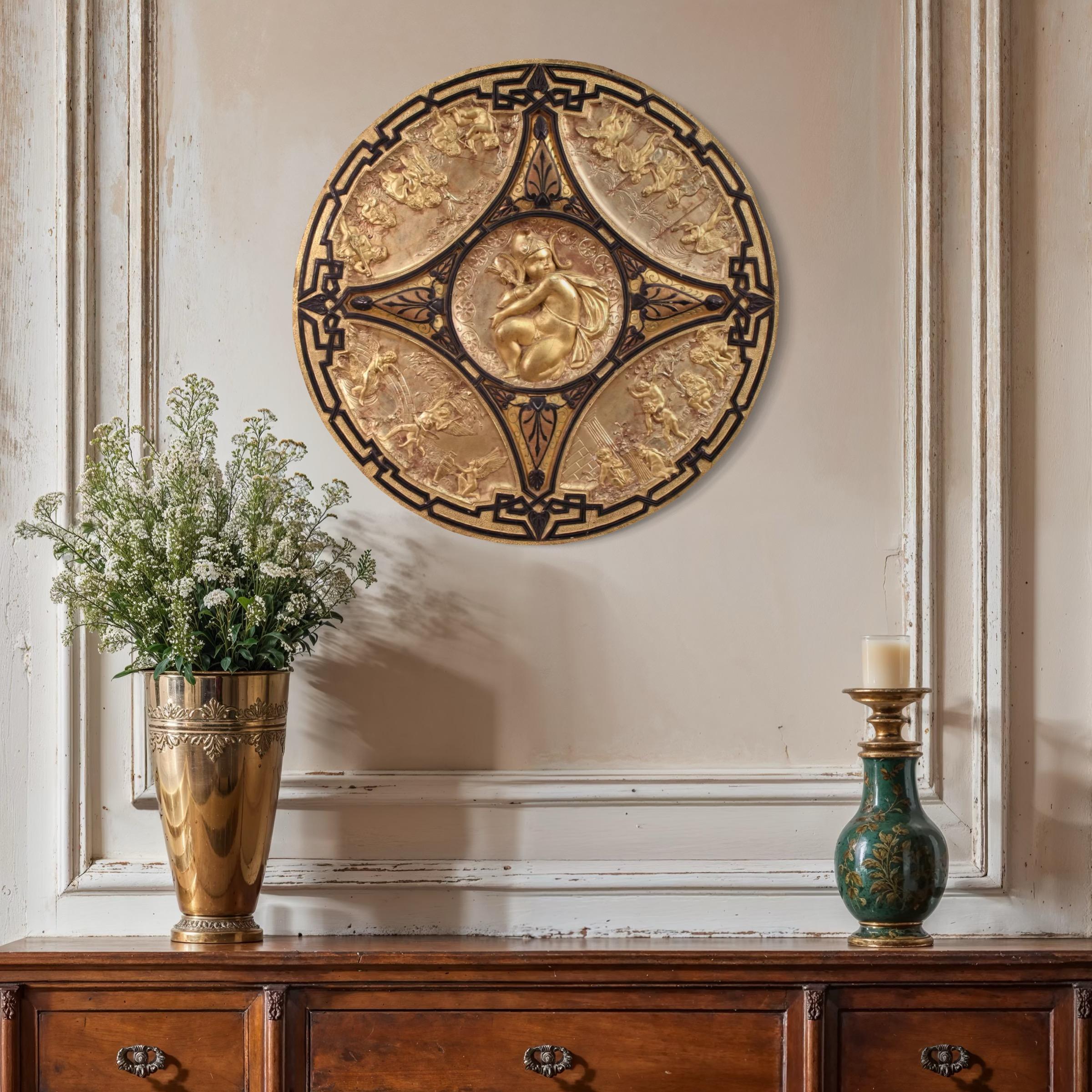 19th Century Gold Wood French Signed F. Barbedienne Paris Shield Sculpture For Sale 12