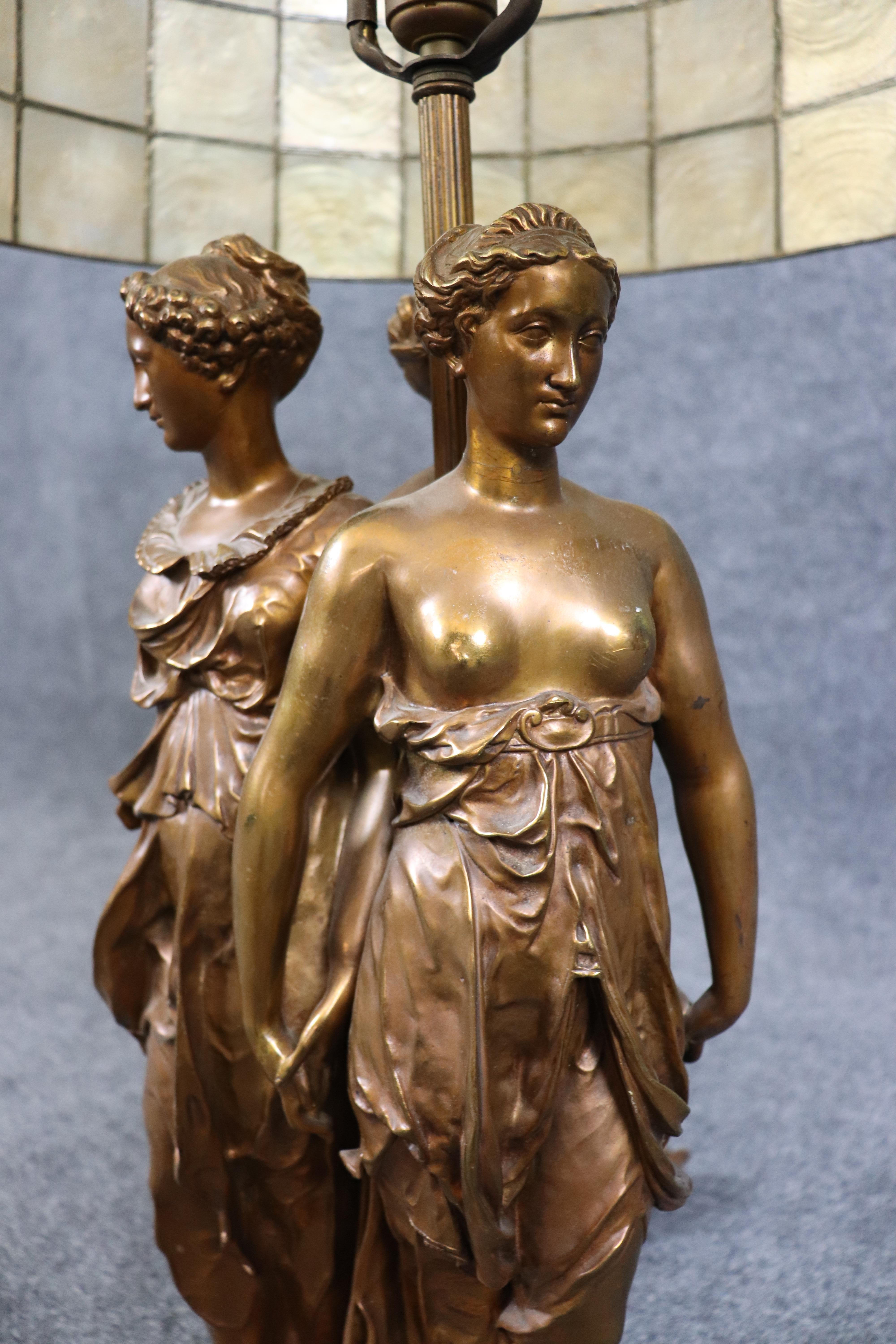 Ferdinand Barbedienne 3 Graces Bronze and Lead Capiz Shell Shade Table Lamp For Sale 7