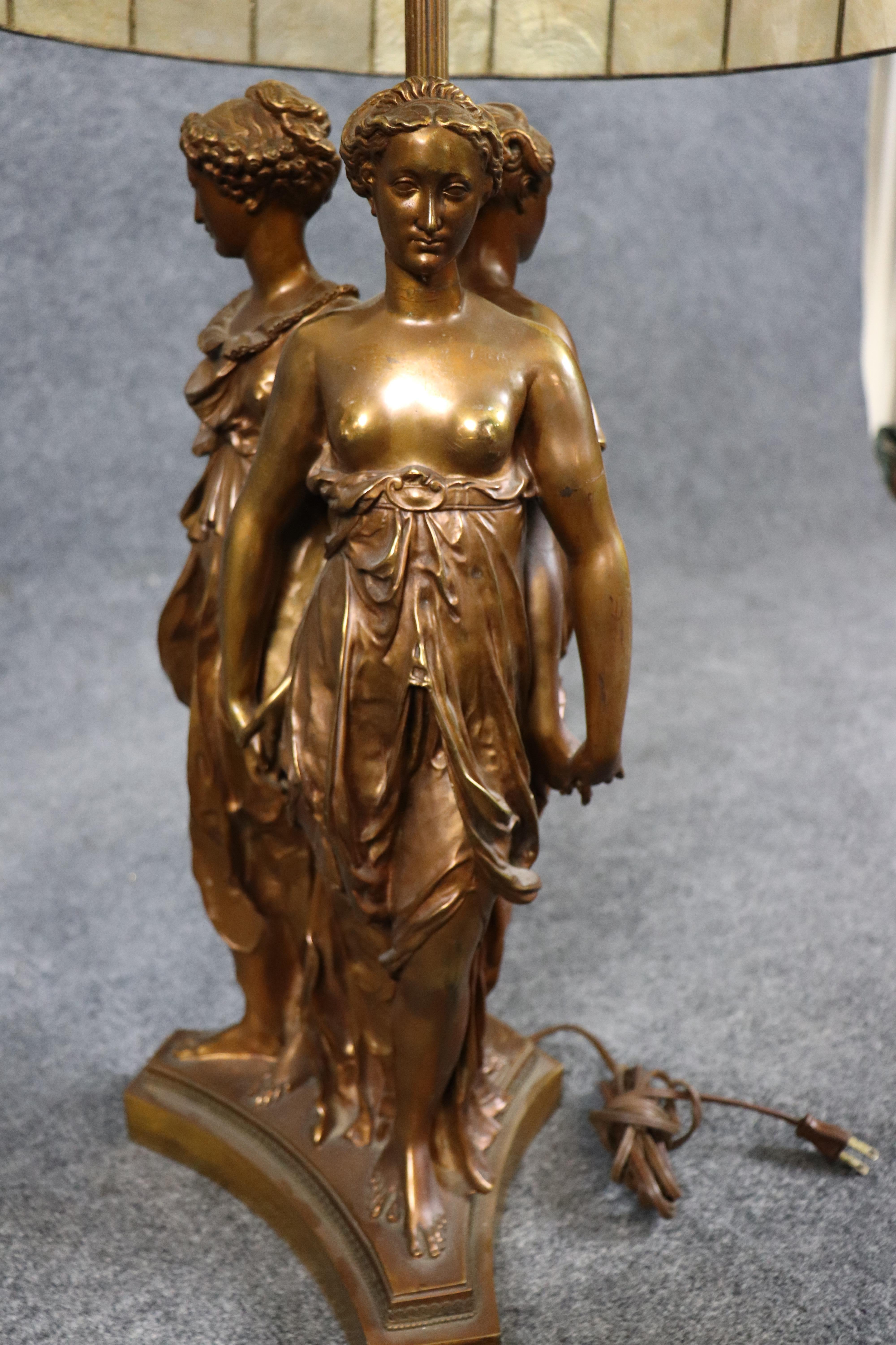 Ferdinand Barbedienne 3 Graces Bronze and Lead Capiz Shell Shade Table Lamp For Sale 10
