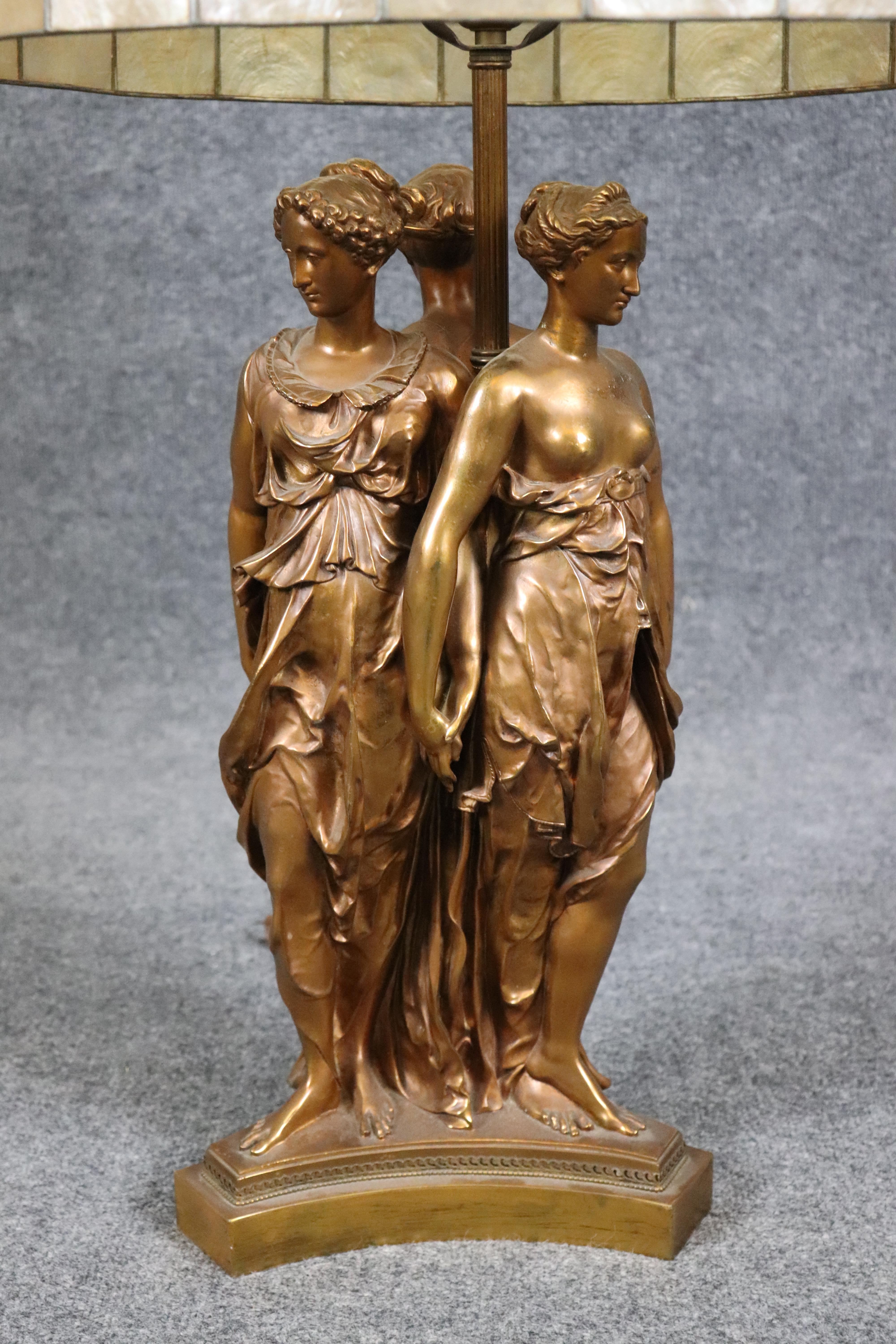 This is a superb, absolutely incredibly detailed bronze and capiz shell lamp made in the 1870s era by Barbedienne. The casting quality of the bronze is absolutely stunning and the rare leaded capiz shell would have originally provided heat
