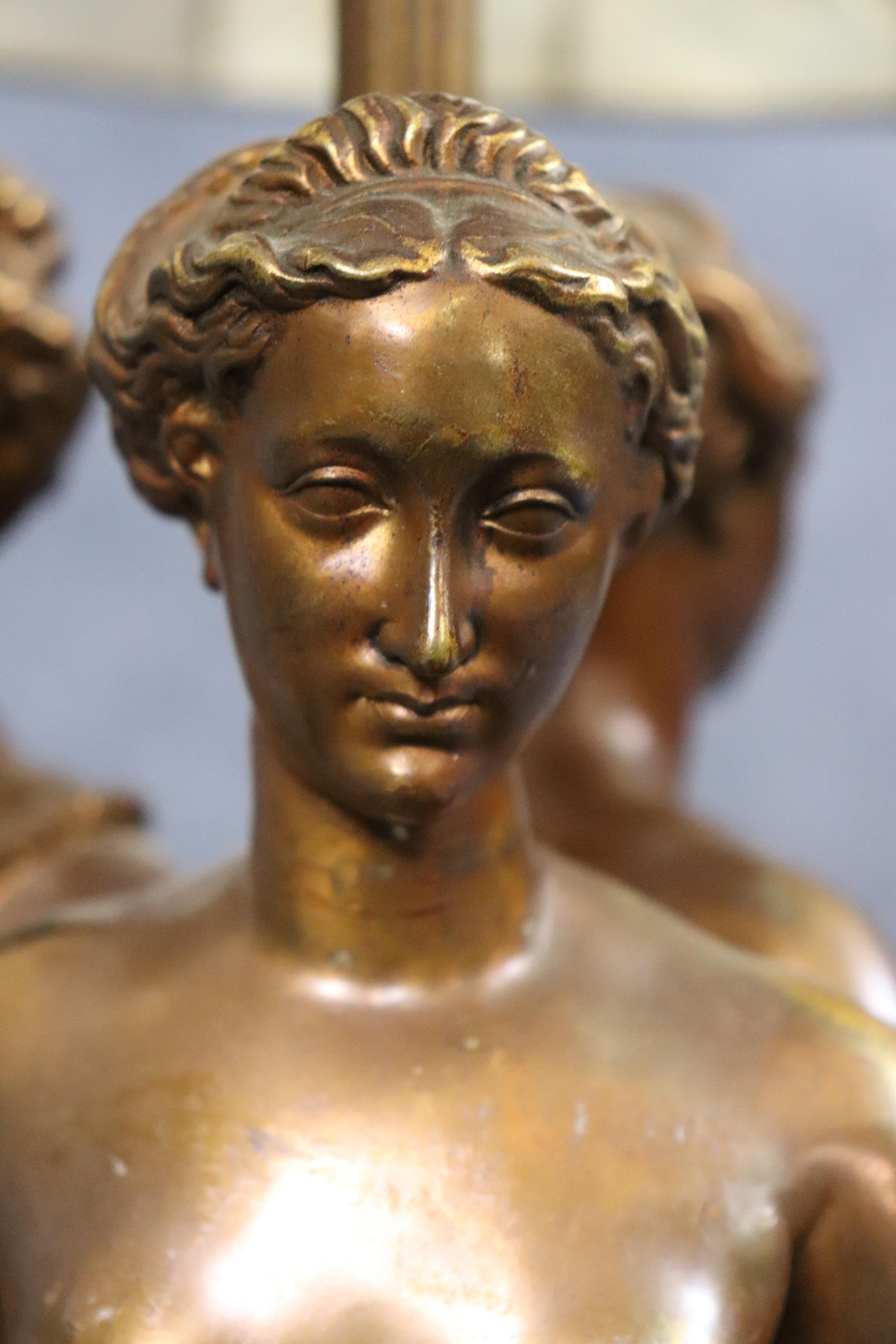 Ferdinand Barbedienne 3 Graces Bronze and Lead Capiz Shell Shade Table Lamp In Good Condition For Sale In Swedesboro, NJ