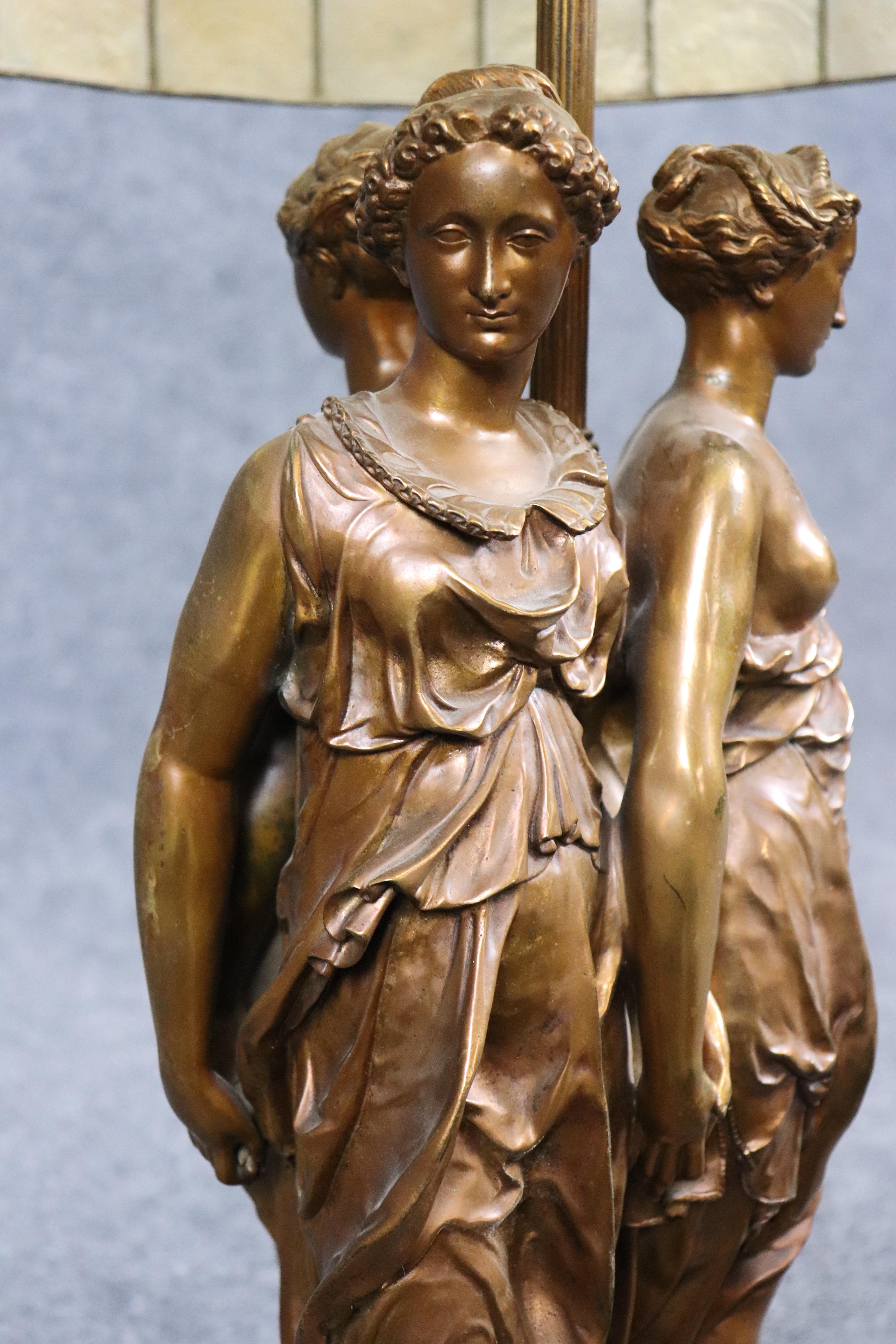 Ferdinand Barbedienne 3 Graces Bronze and Lead Capiz Shell Shade Table Lamp For Sale 3