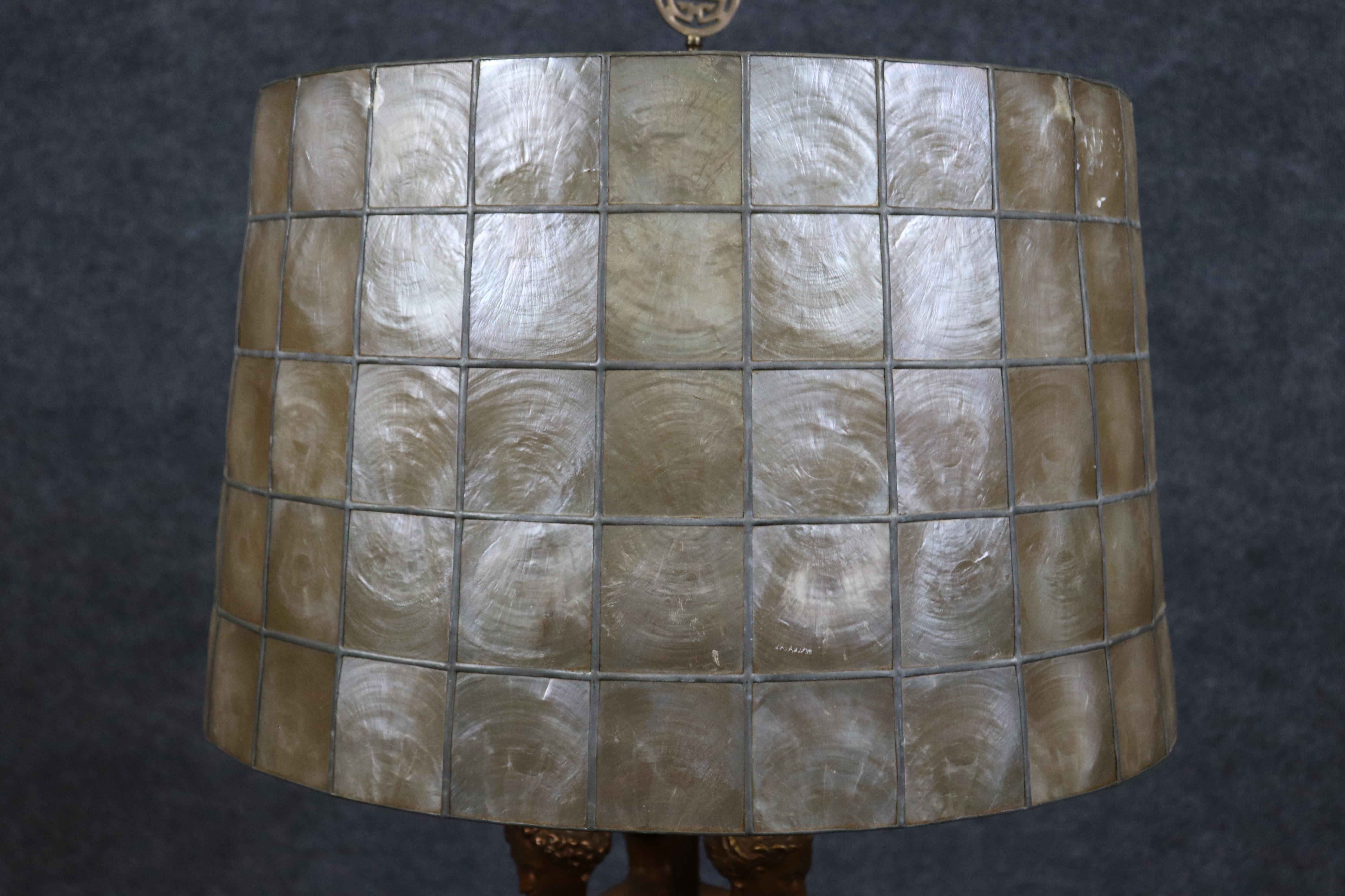 Ferdinand Barbedienne 3 Graces Bronze and Lead Capiz Shell Shade Table Lamp For Sale 4