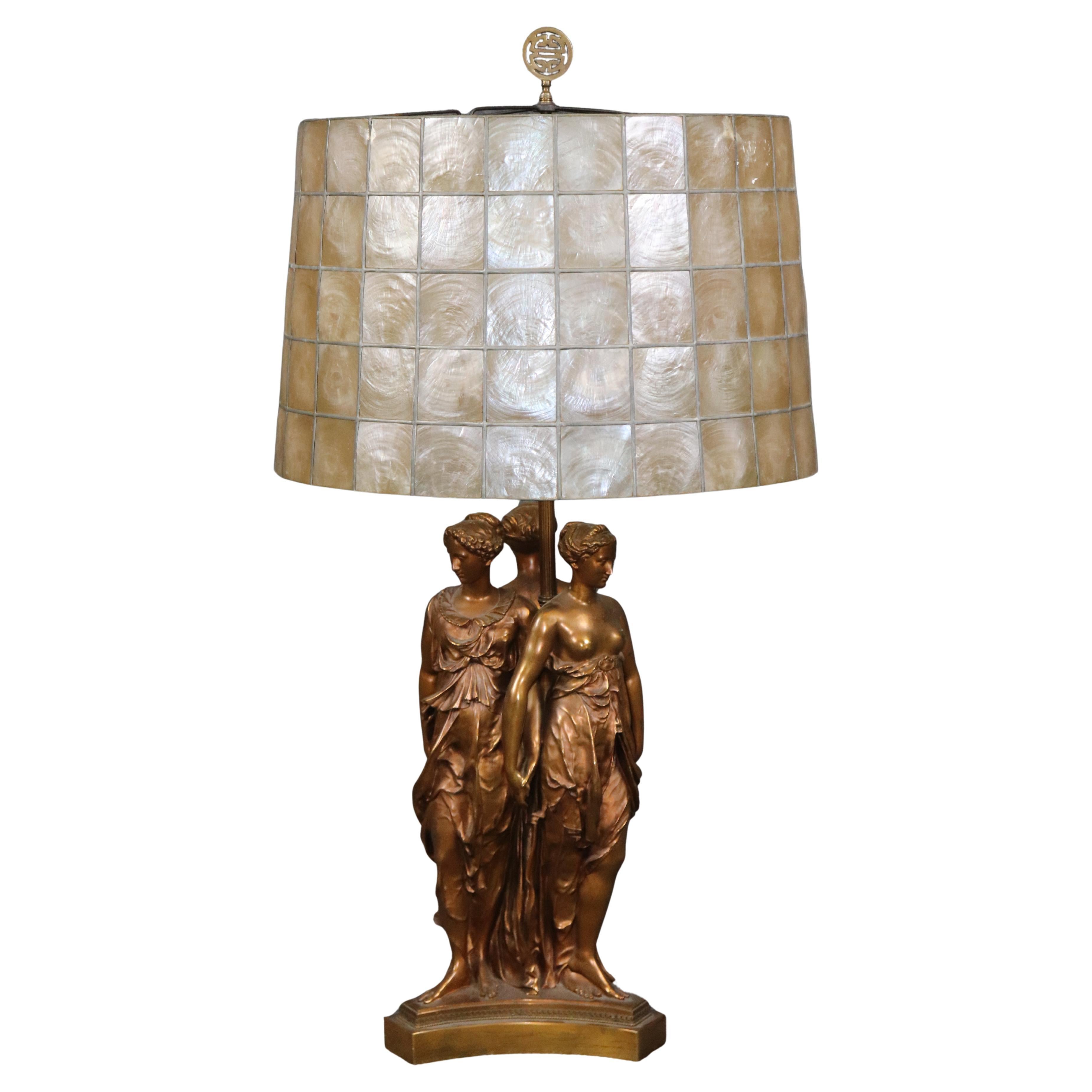 Ferdinand Barbedienne 3 Graces Bronze and Lead Capiz Shell Shade Table Lamp