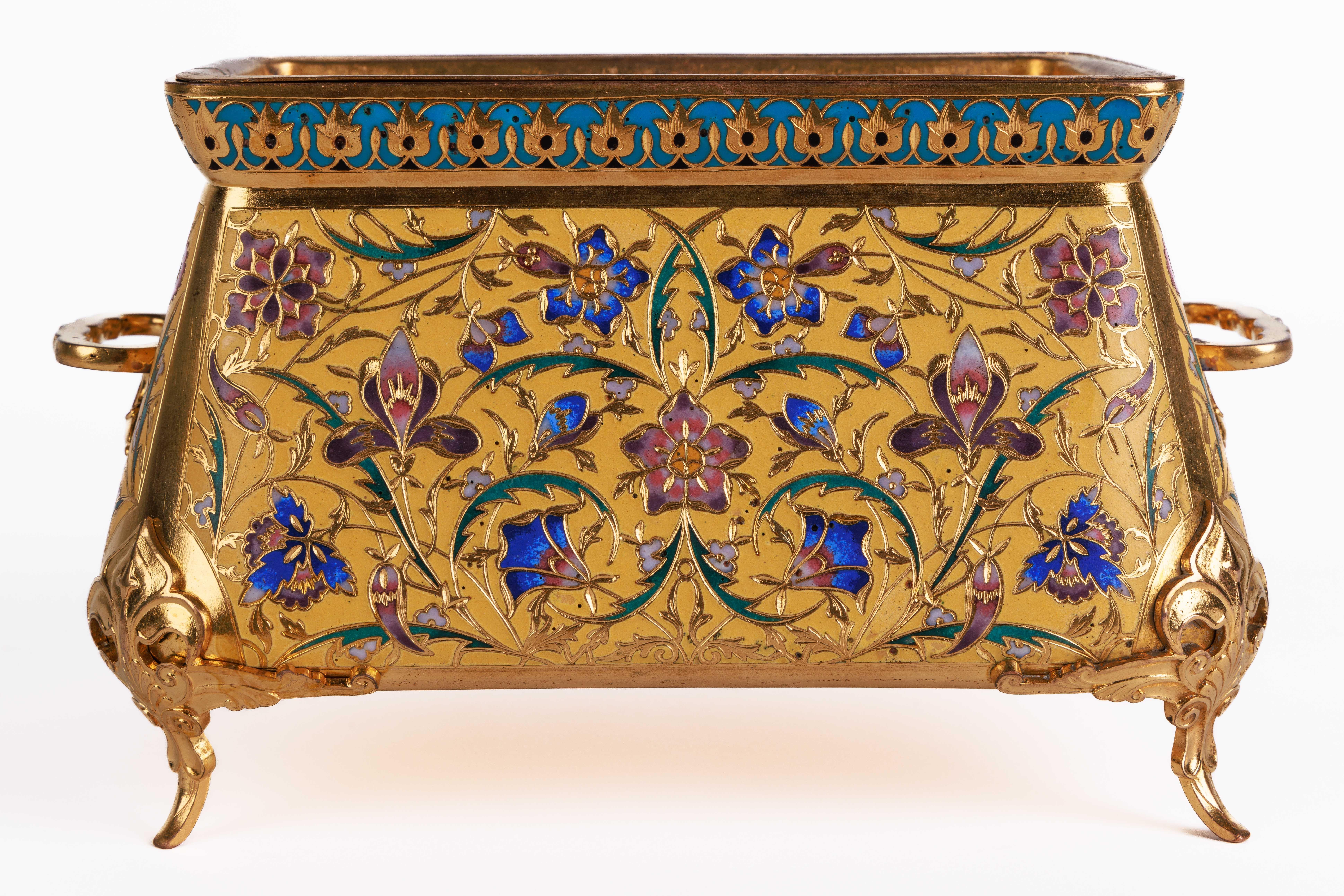 Napoleon III Ferdinand Barbedienne, a French Ormolu and Champleve Enamel Jardiniere, C. 1870 For Sale