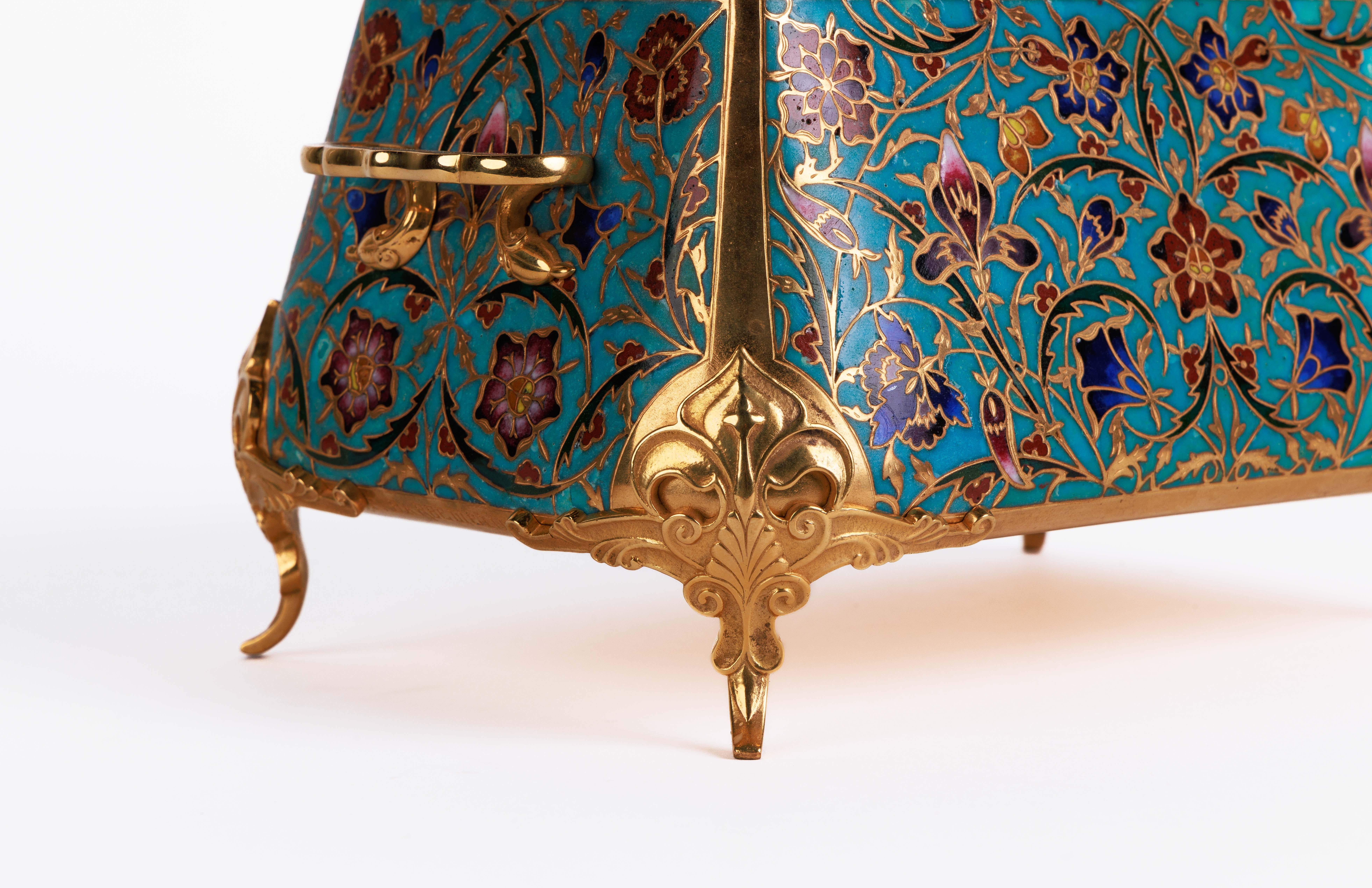 Napoleon III Ferdinand Barbedienne, A French Ormolu and Champleve Enamel Jardiniere, C. 1870 For Sale