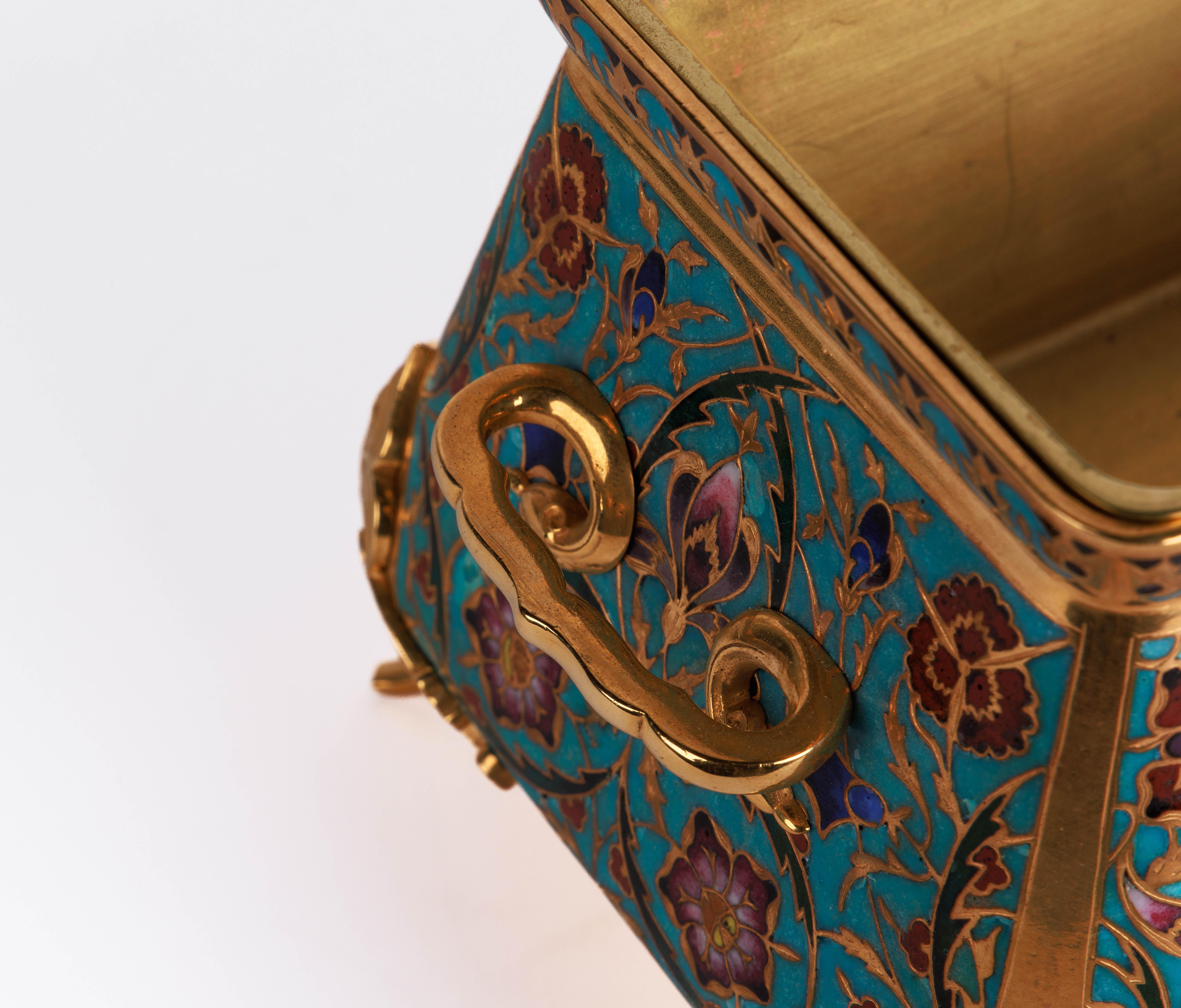 Napoleon III Ferdinand Barbedienne, A French Ormolu and Champleve Enamel Jardiniere, C. 1870 For Sale