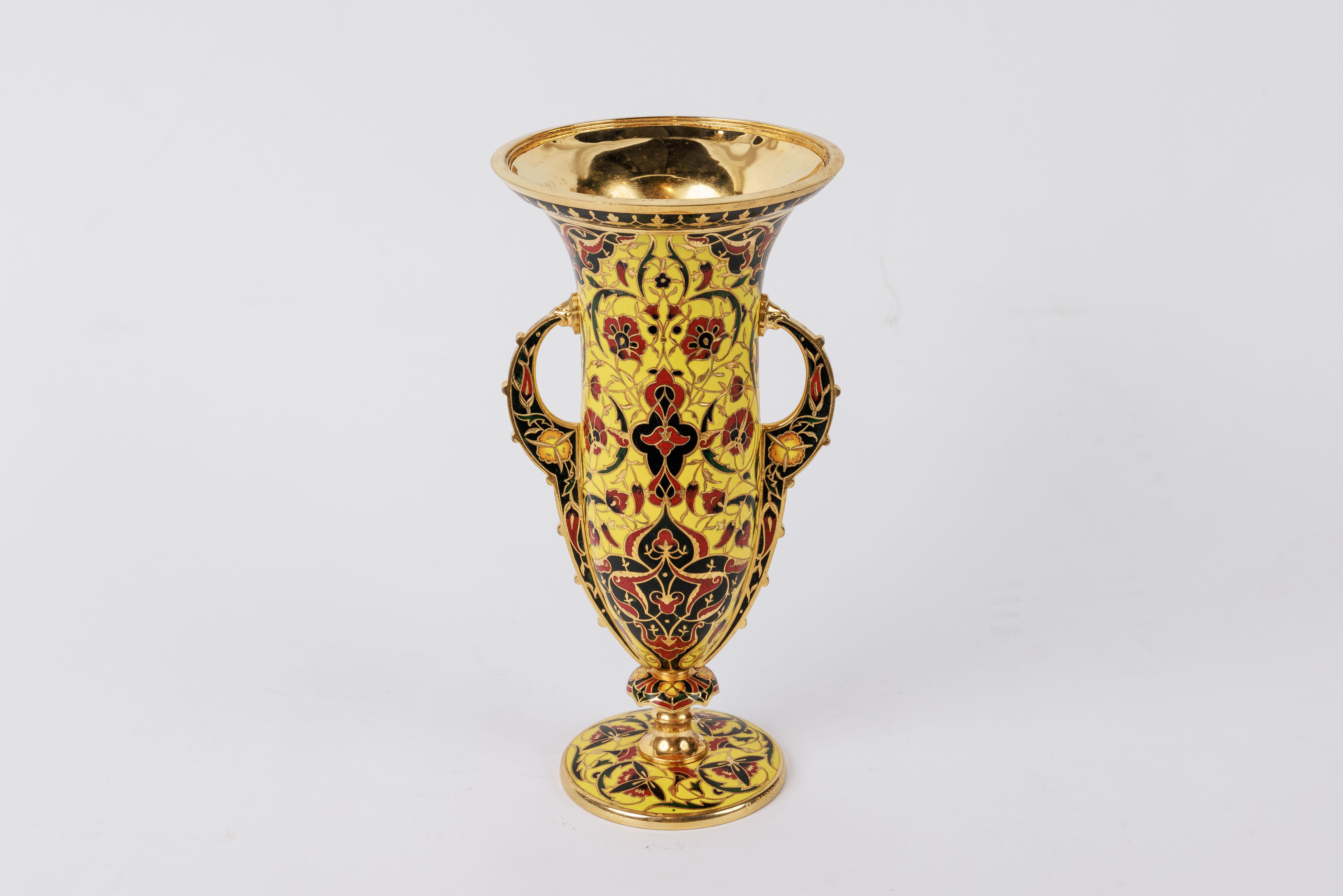Napoleon III Ferdinand Barbedienne, A French Ormolu and Champleve Enamel Vase, C. 1870 For Sale