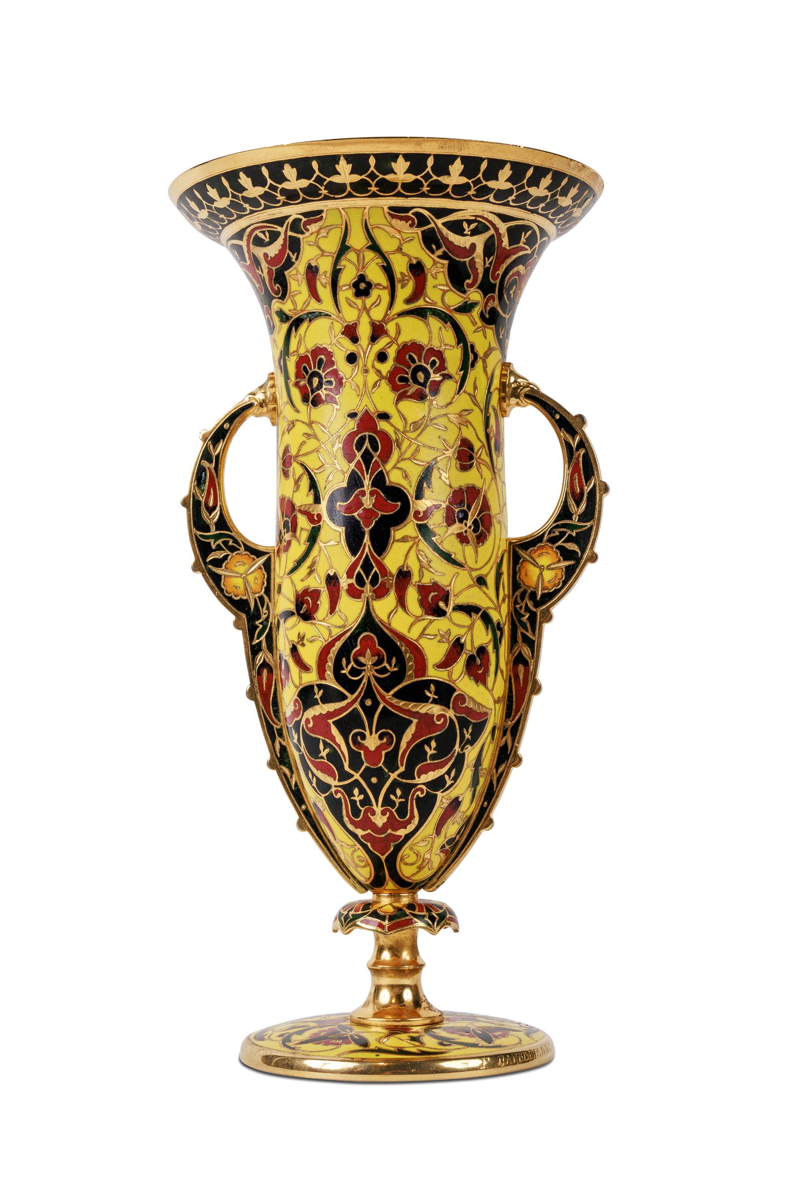 19th Century Ferdinand Barbedienne, A French Ormolu and Champleve Enamel Vase, C. 1870