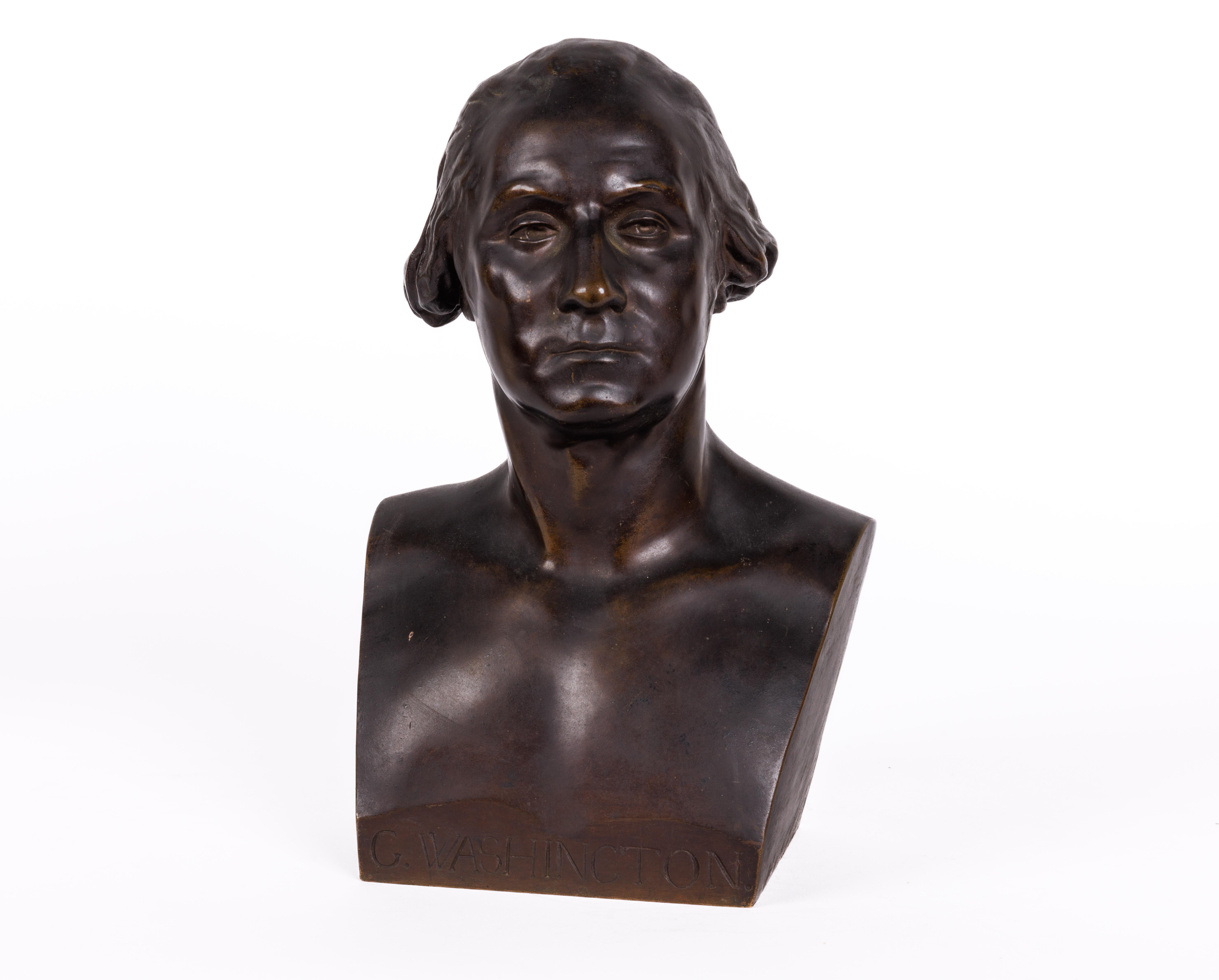 Ferdinand Barbedienne, A French patinated bronze bust of George Washington, circa 1880.

Signed. F. Barbedienne Fondeur
Stamped with the reduction Mecanique seal.

Measures: 10.5