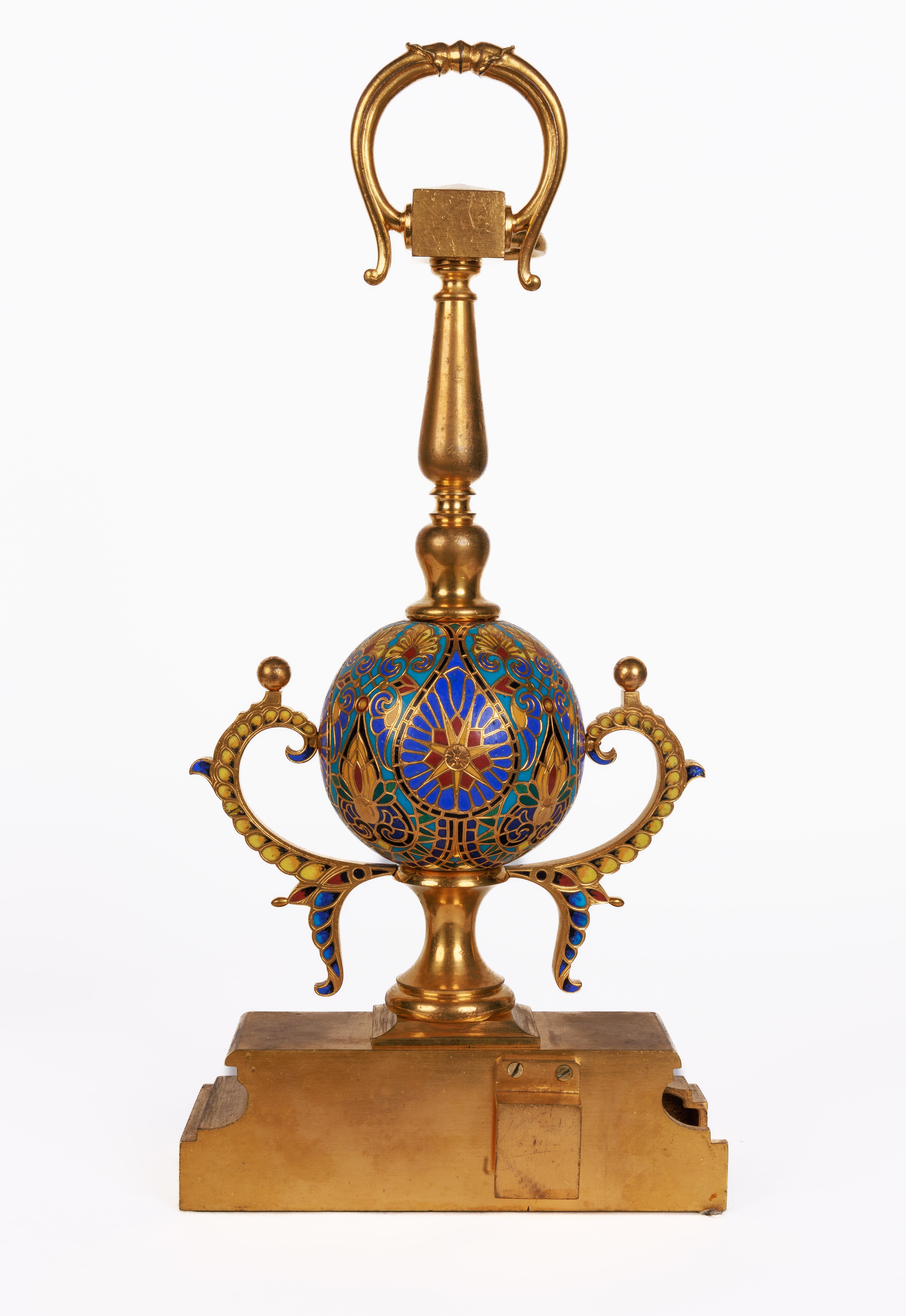 Ferdinand Barbedienne, A Pair of French Ormolu and Champleve Enamel Andirons For Sale 9