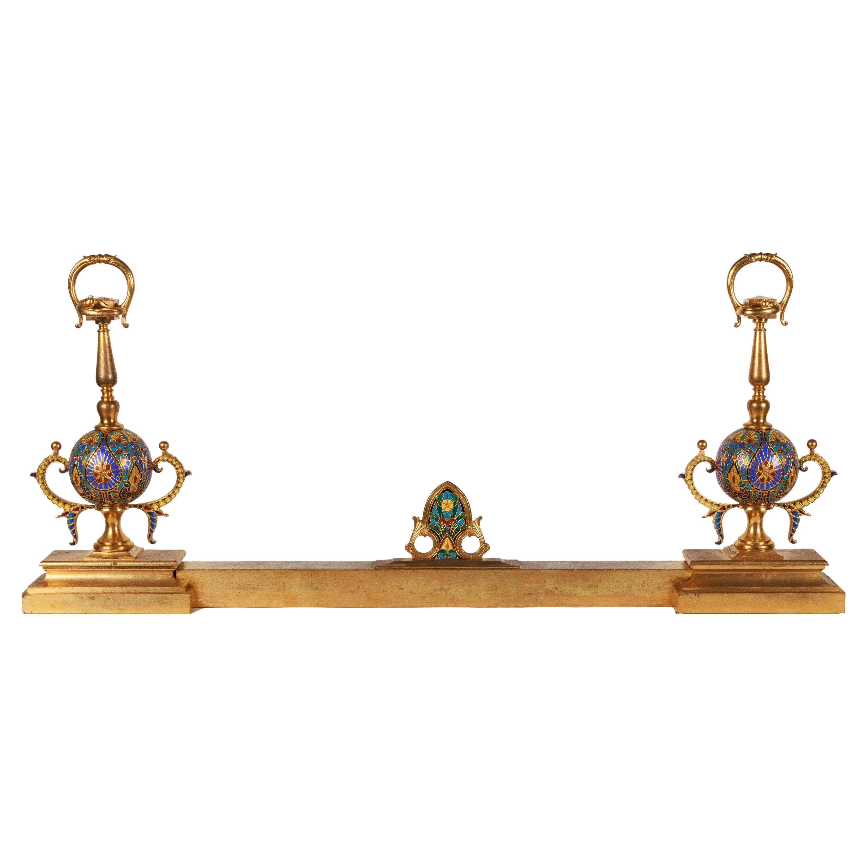 Ferdinand Barbedienne, A Pair of French Ormolu and Champleve Enamel Andirons, Chenets, circa 1870.

A rare and unusual pair of bronze and multi-colored champleve enameled andirons / chenets. Perfect for any tasteful fireplace. 

Signed F.