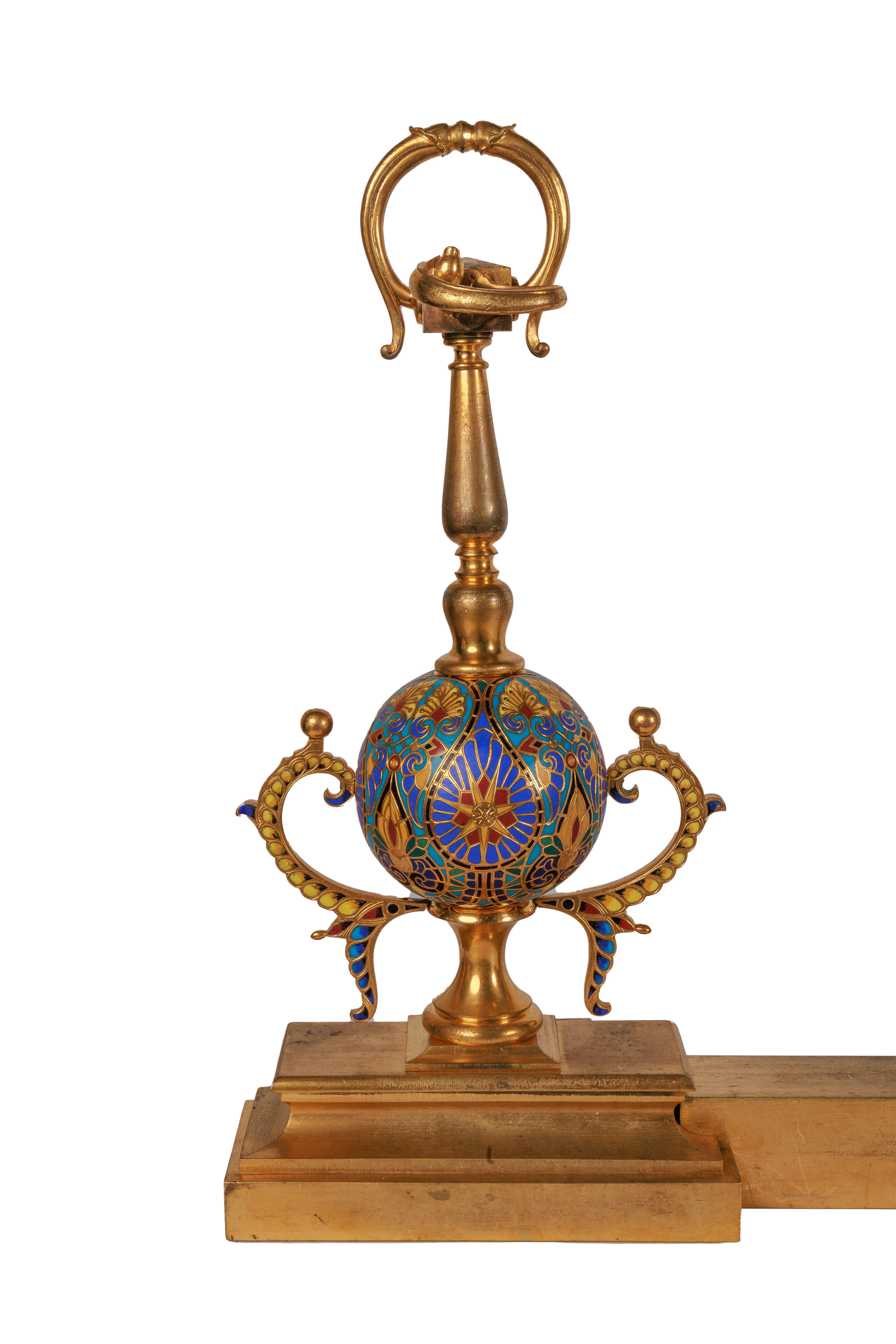 Napoleon III Ferdinand Barbedienne, A Pair of French Ormolu and Champleve Enamel Andirons For Sale