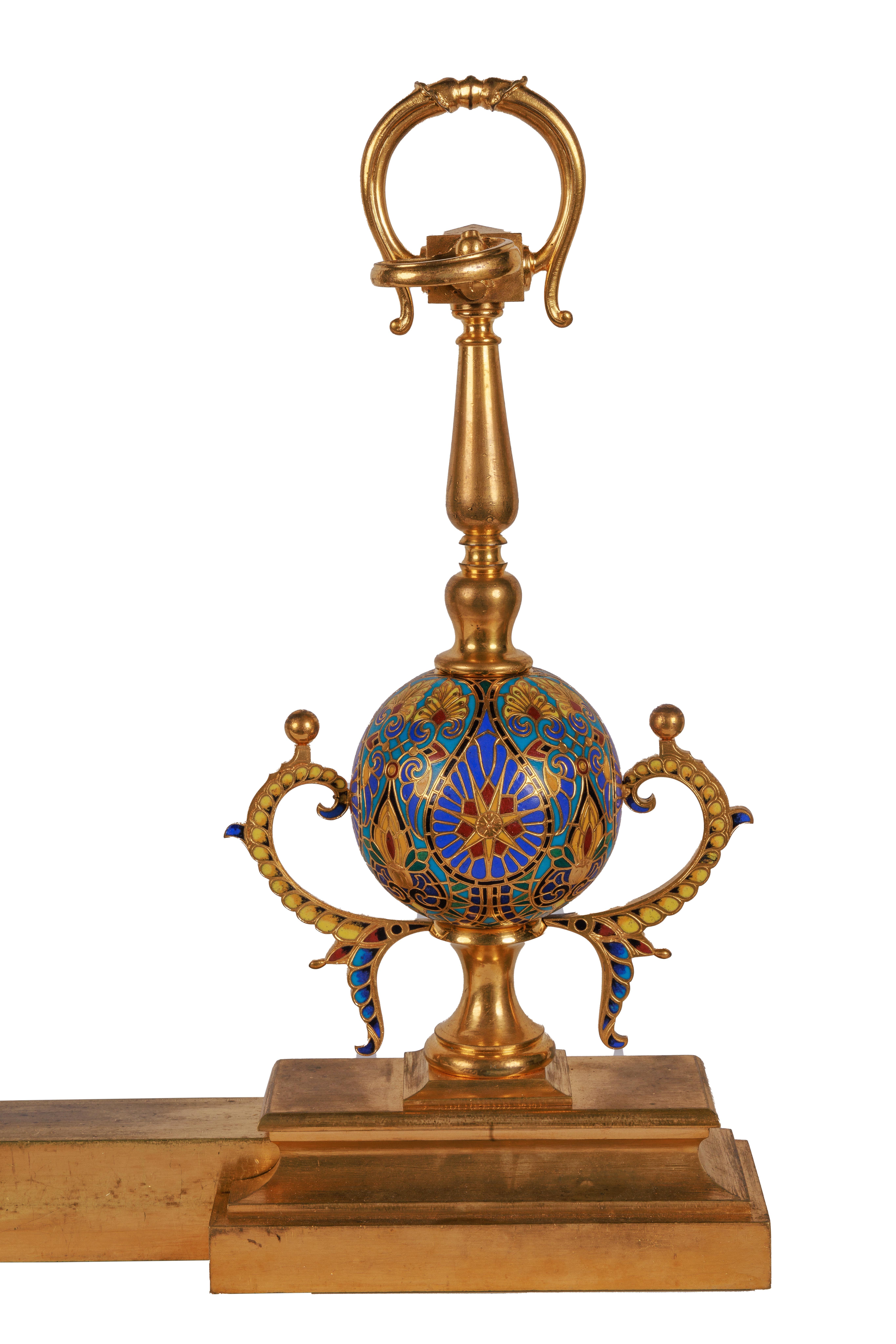 19th Century Ferdinand Barbedienne, A Pair of French Ormolu and Champleve Enamel Andirons For Sale