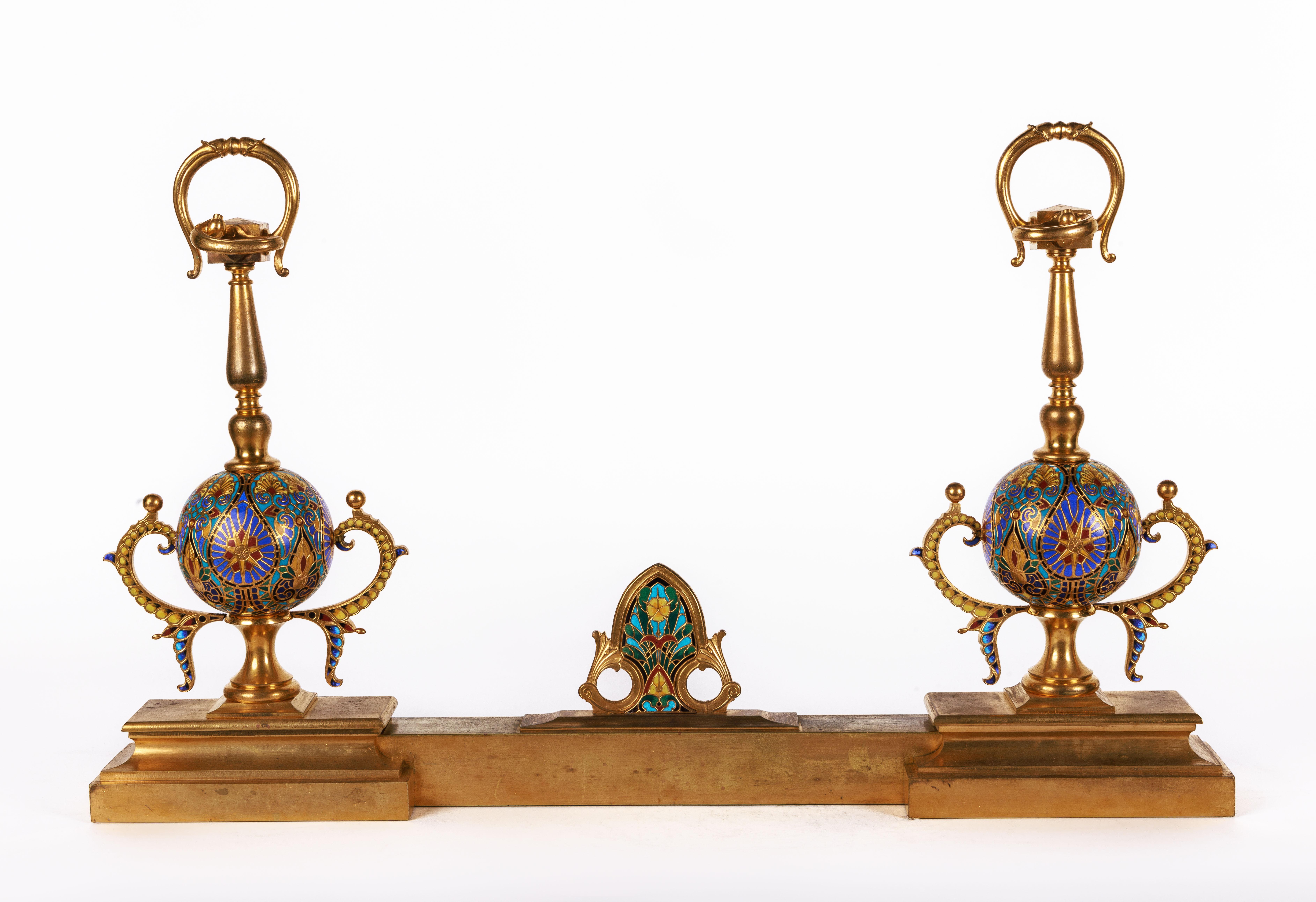 Bronze Ferdinand Barbedienne, A Pair of French Ormolu and Champleve Enamel Andirons For Sale