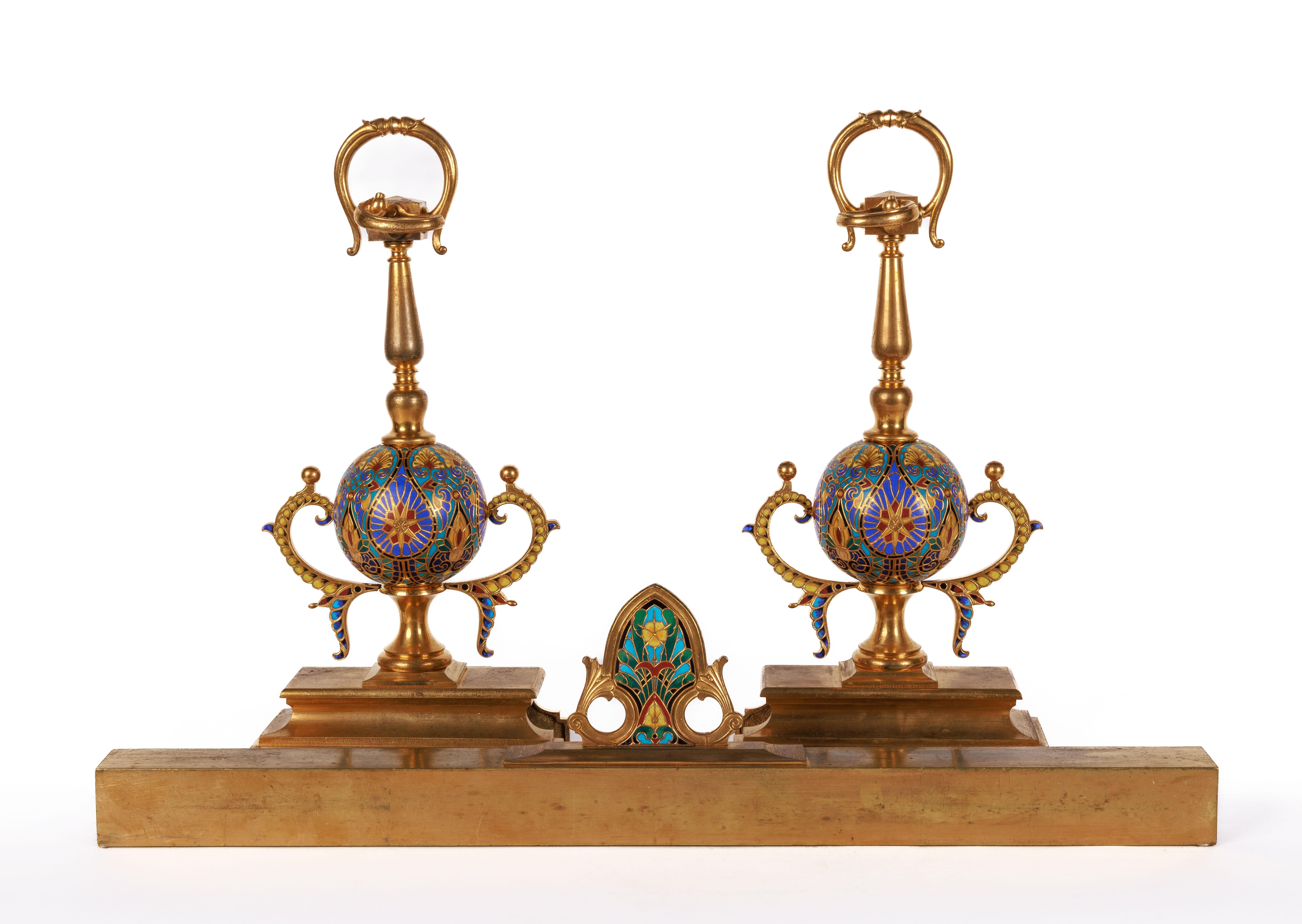 Ferdinand Barbedienne, A Pair of French Ormolu and Champleve Enamel Andirons For Sale 1