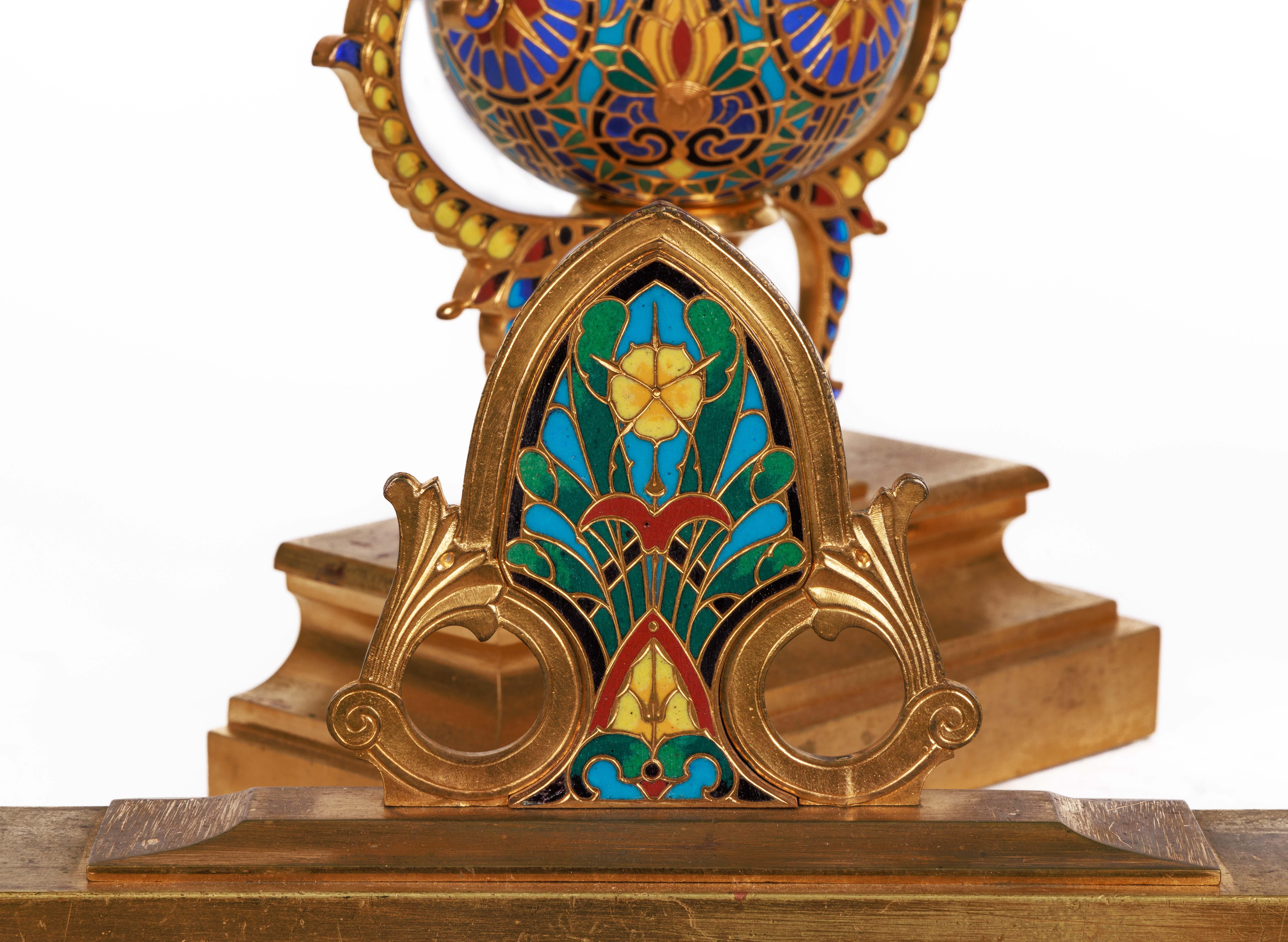 Ferdinand Barbedienne, A Pair of French Ormolu and Champleve Enamel Andirons For Sale 2