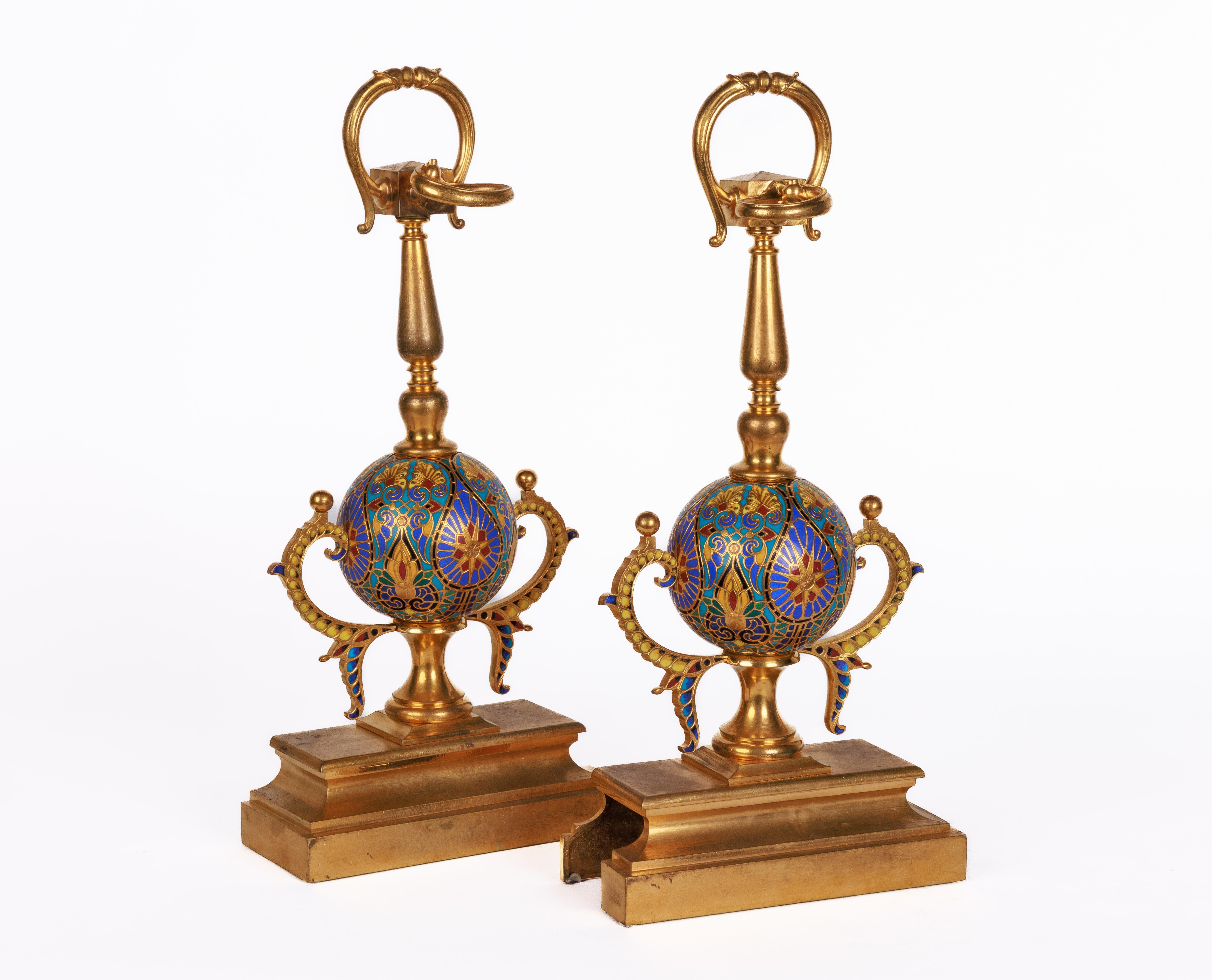 Ferdinand Barbedienne, A Pair of French Ormolu and Champleve Enamel Andirons For Sale 3