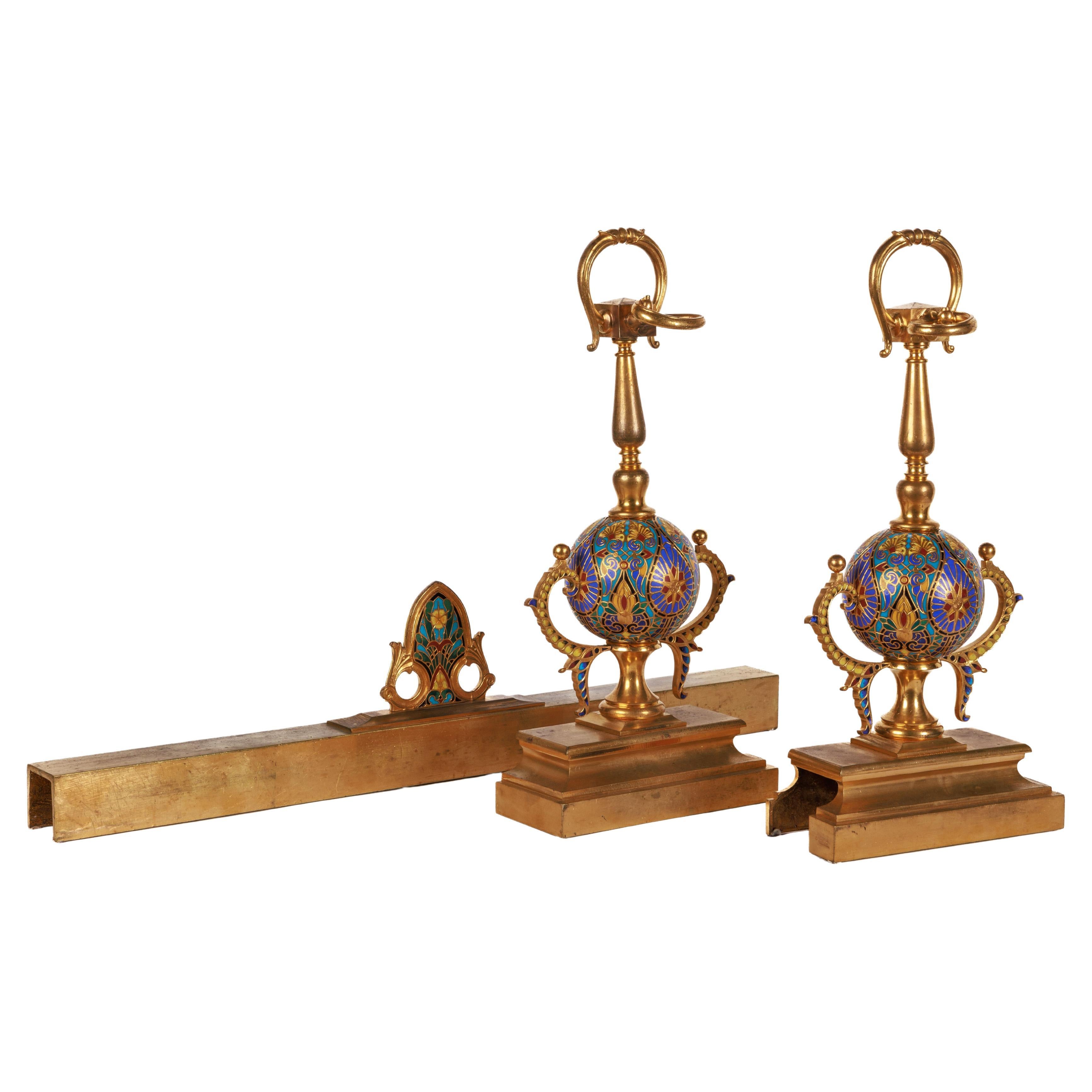 Ferdinand Barbedienne, A Pair of French Ormolu and Champleve Enamel Andirons For Sale