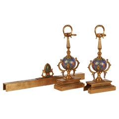 Ferdinand Barbedienne, A Pair of French Ormolu and Champleve Enamel Andirons