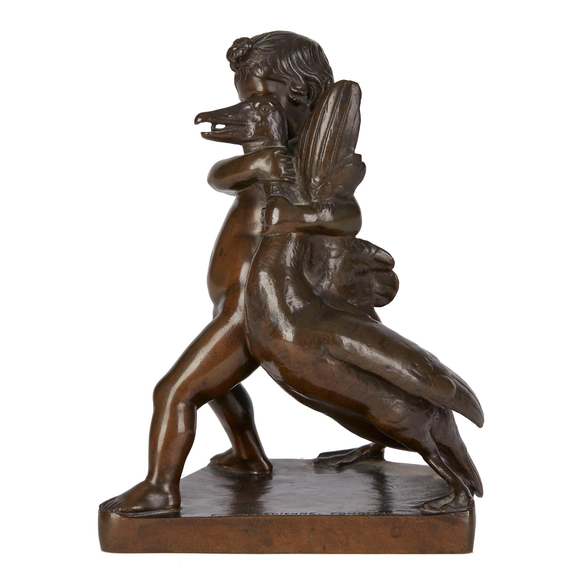 French Ferdinand Barbedienne Bronze Boy & Goose Sculpture 19th Century For Sale