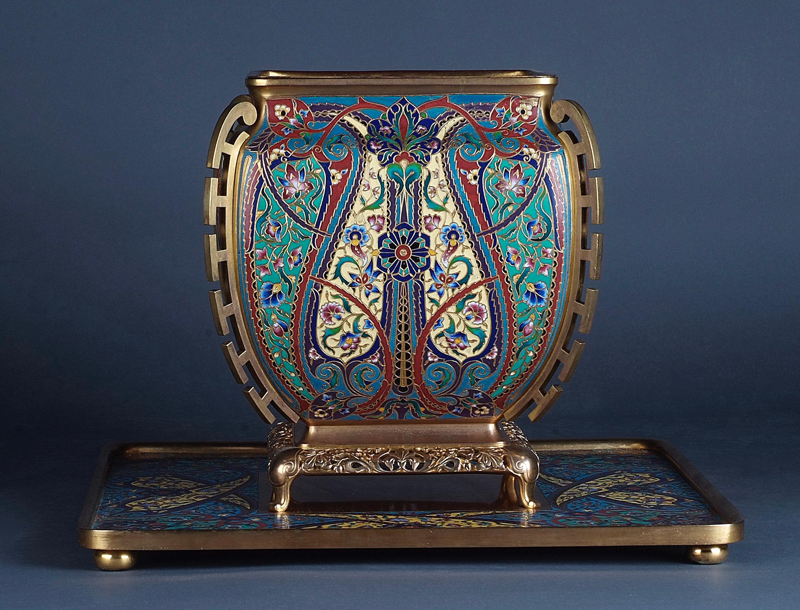 Cloissoné Ferdinand Barbedienne Enamel and Gilt Bronze Vase and Stand For Sale