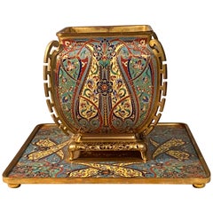 Ferdinand Barbedienne Enamel and Gilt Bronze Vase and Stand