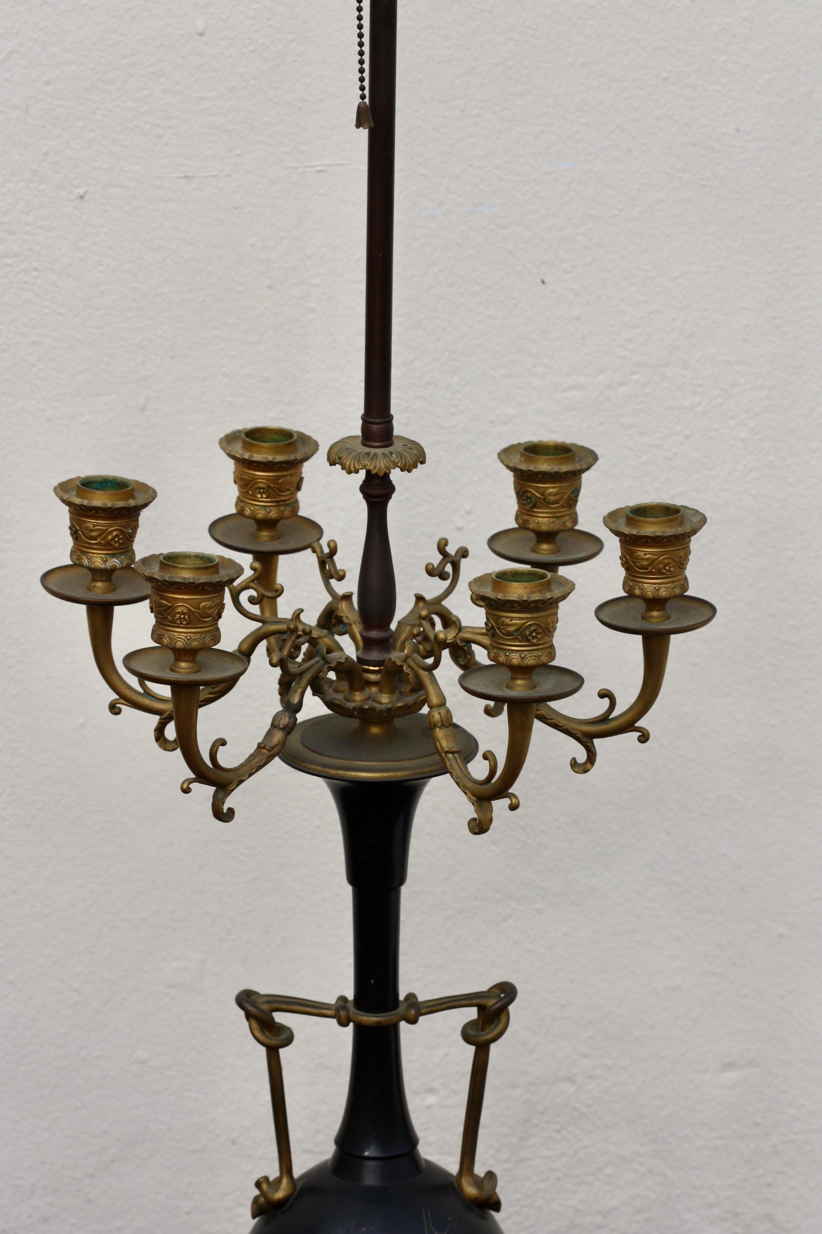 Ferdinand Barbedienne Gilt and Patinated Bronze Six-Light Candelabra In Good Condition For Sale In West Palm Beach, FL