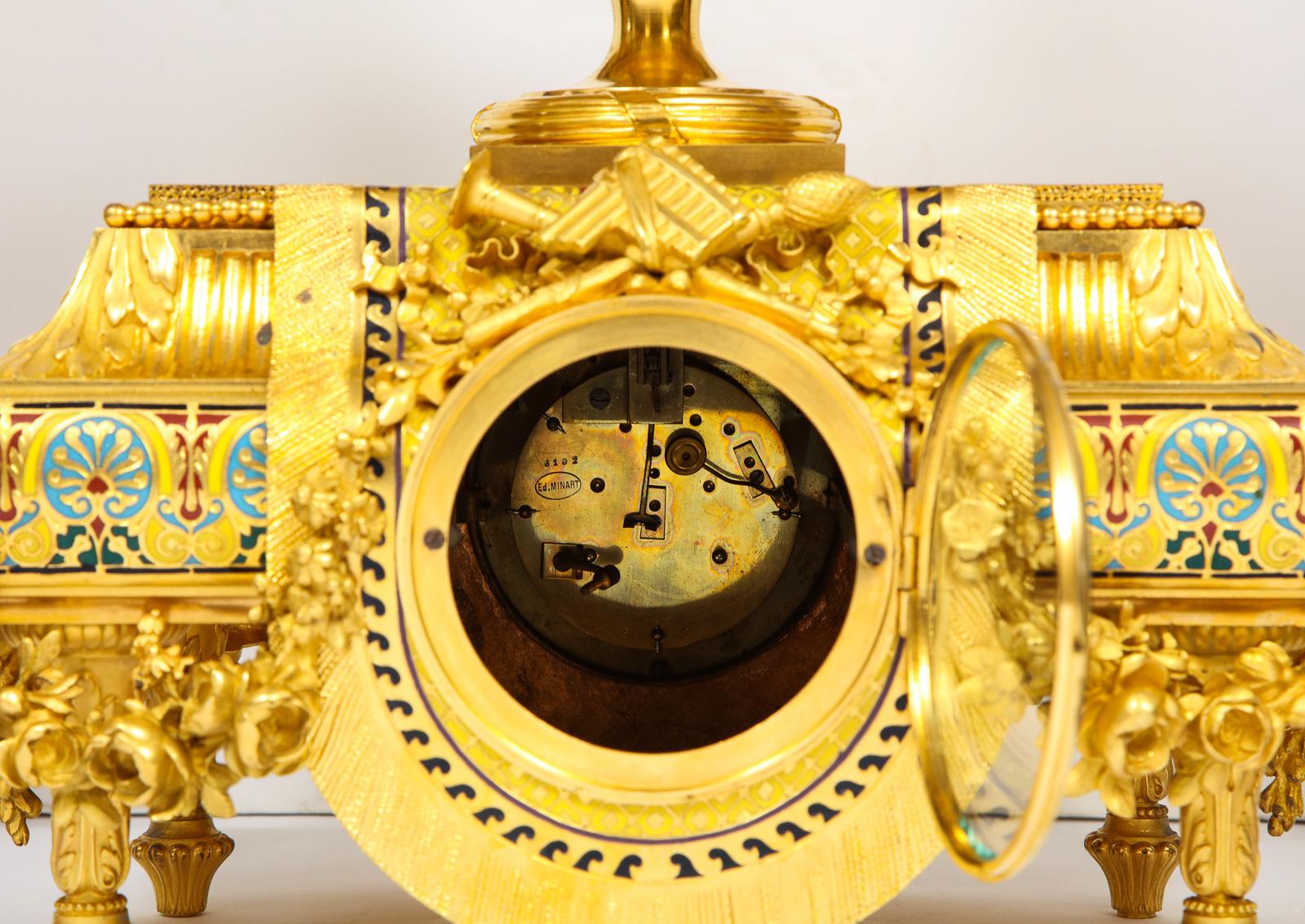 Ferdinand Barbedienne, Museum Quality French Ormolu Champleve Enamel Clock Set 8