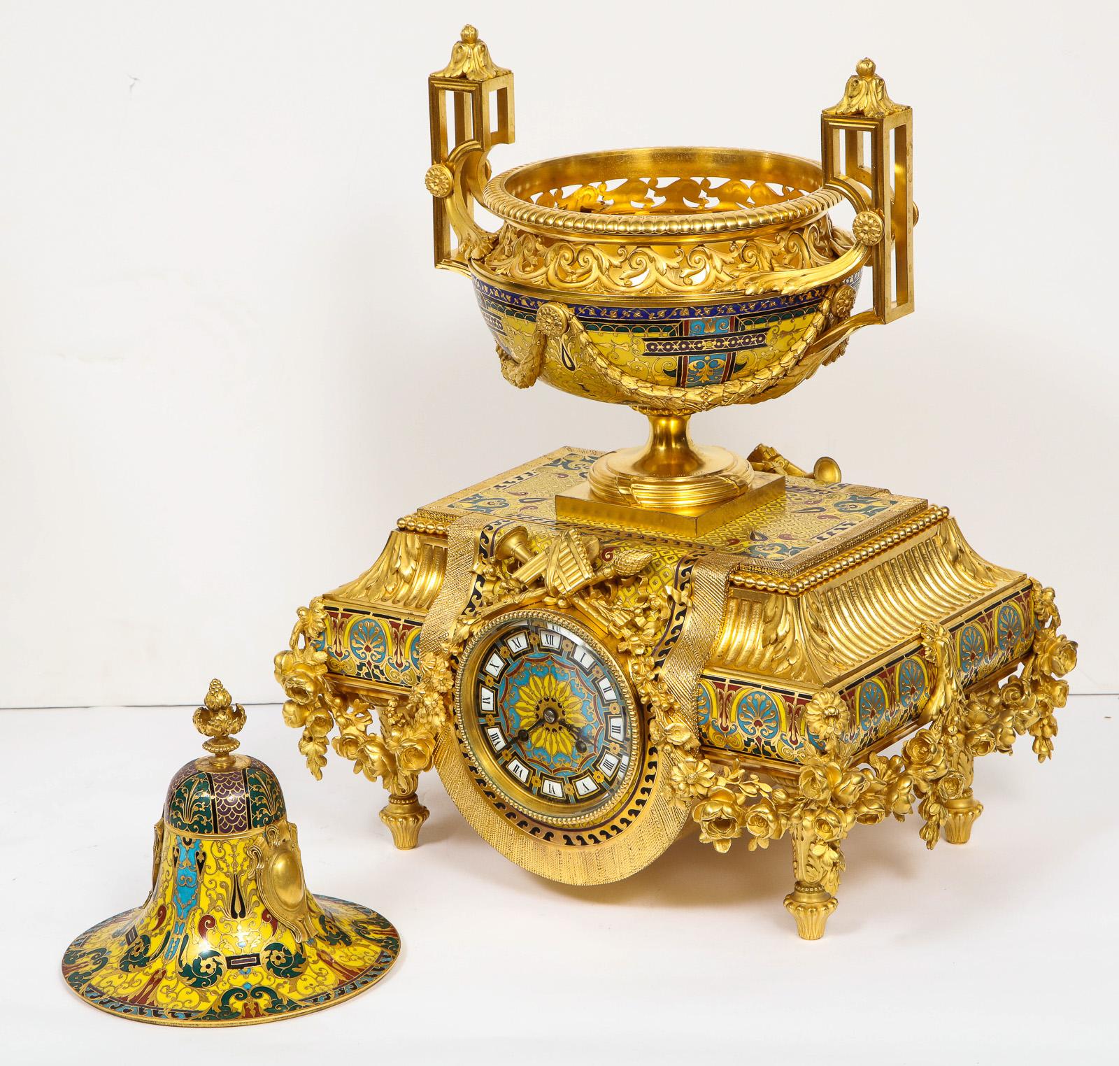 Ferdinand Barbedienne, Museum Quality French Ormolu Champleve Enamel Clock Set 12