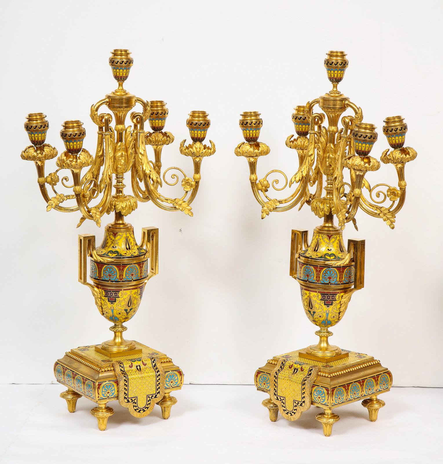 Ferdinand Barbedienne, Museum Quality French Ormolu Champleve Enamel Clock Set 13