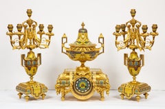 Ferdinand Barbedienne, Museum Quality French Ormolu Champleve Enamel Clock Set