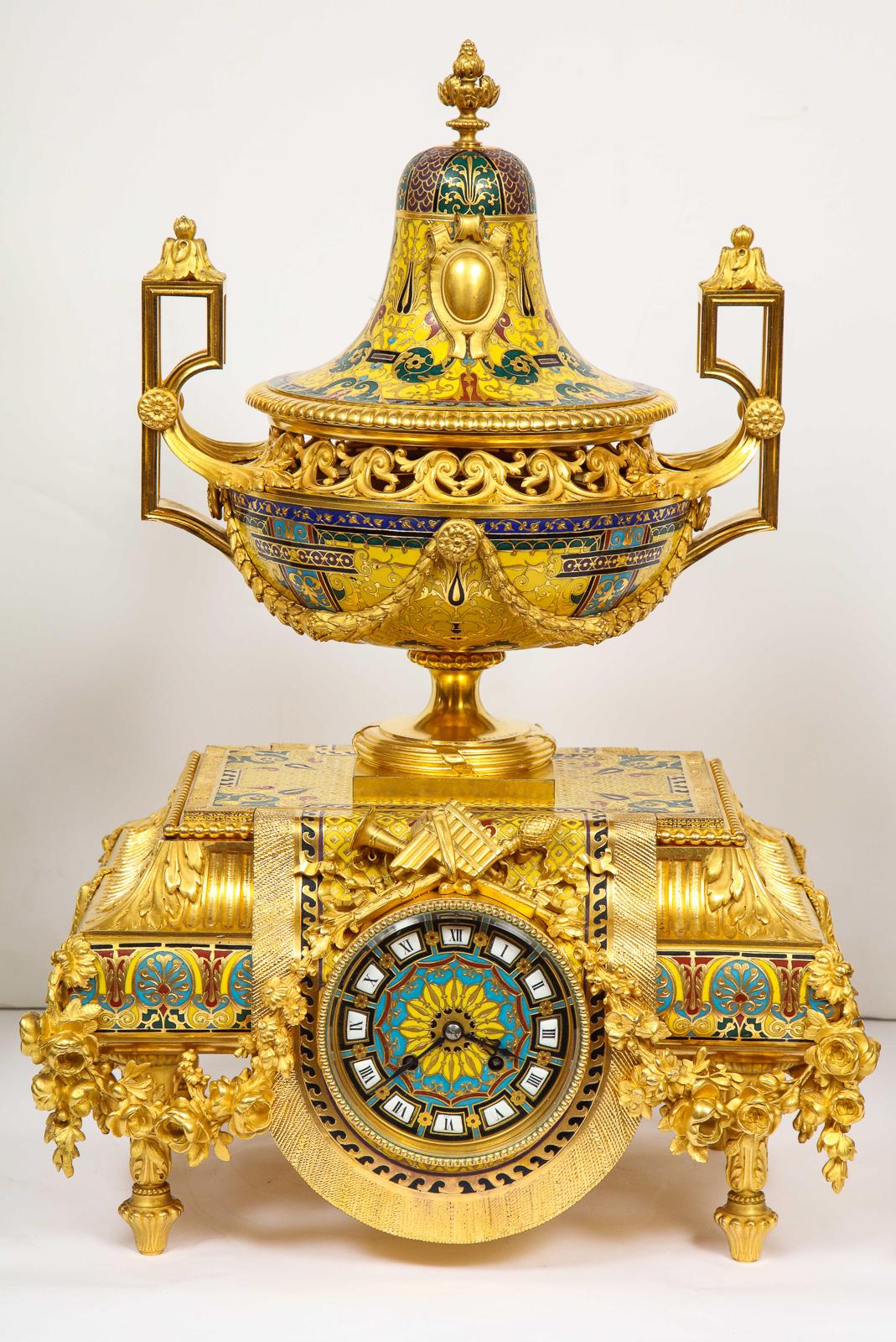 Napoleon III Ferdinand Barbedienne, Museum Quality French Ormolu Champleve Enamel Clock Set