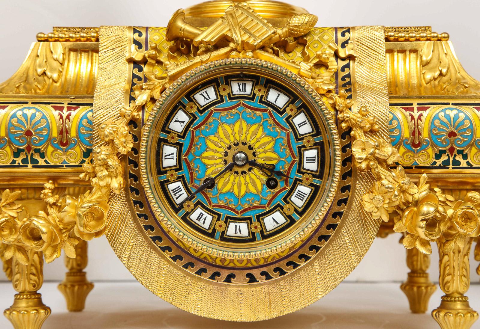 Ferdinand Barbedienne, Museum Quality French Ormolu Champleve Enamel Clock Set 1
