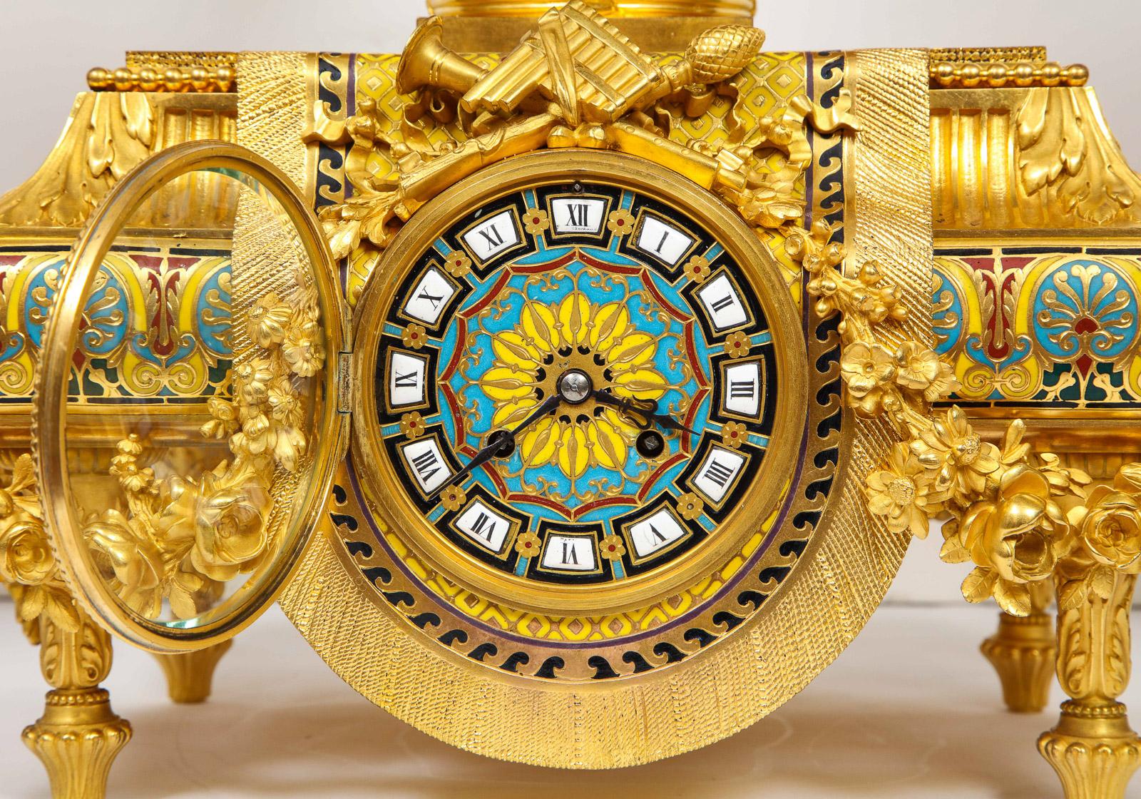 Ferdinand Barbedienne, Museum Quality French Ormolu Champleve Enamel Clock Set 2