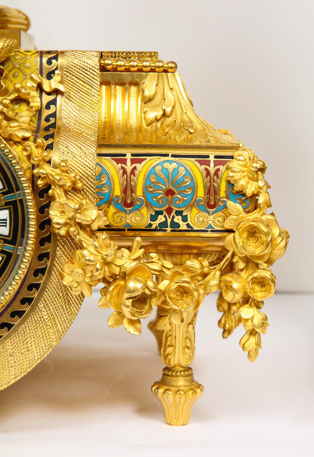 Ferdinand Barbedienne, Museum Quality French Ormolu Champleve Enamel Clock Set 3