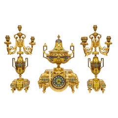 Antique Ferdinand Barbedienne, Museum Quality French Ormolu Champleve Enamel Clock Set