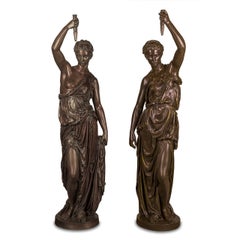 Antique An Important Pair of Monumental Parcel-Gilt and Patinated Bronze Figural Torchèr