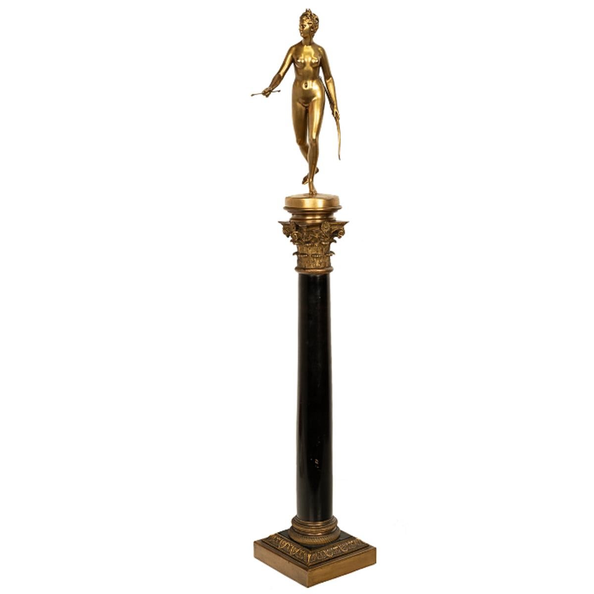Antique French Grand Tour Gilt Bronze Statue on Column Diana the Huntress 1838 - Sculpture by Ferdinand Barbedienne