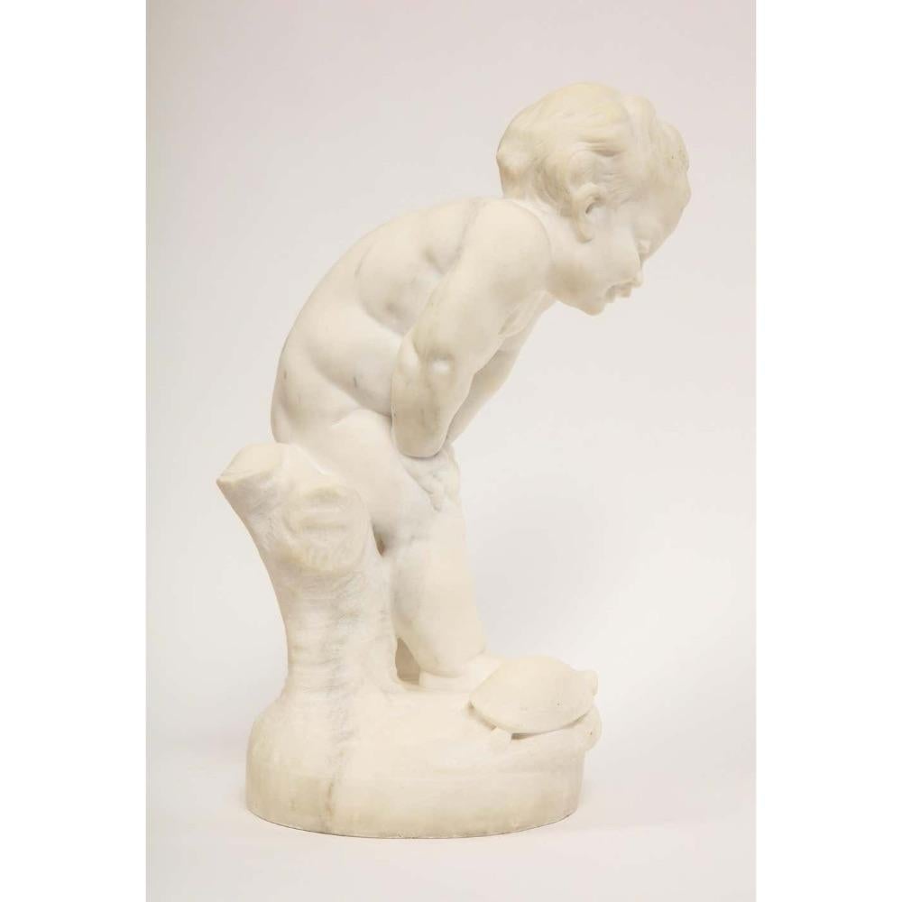 Benoit Rougelet, F. Barbedienne, a White Marble Sculpture of a Putti and Turtle 6