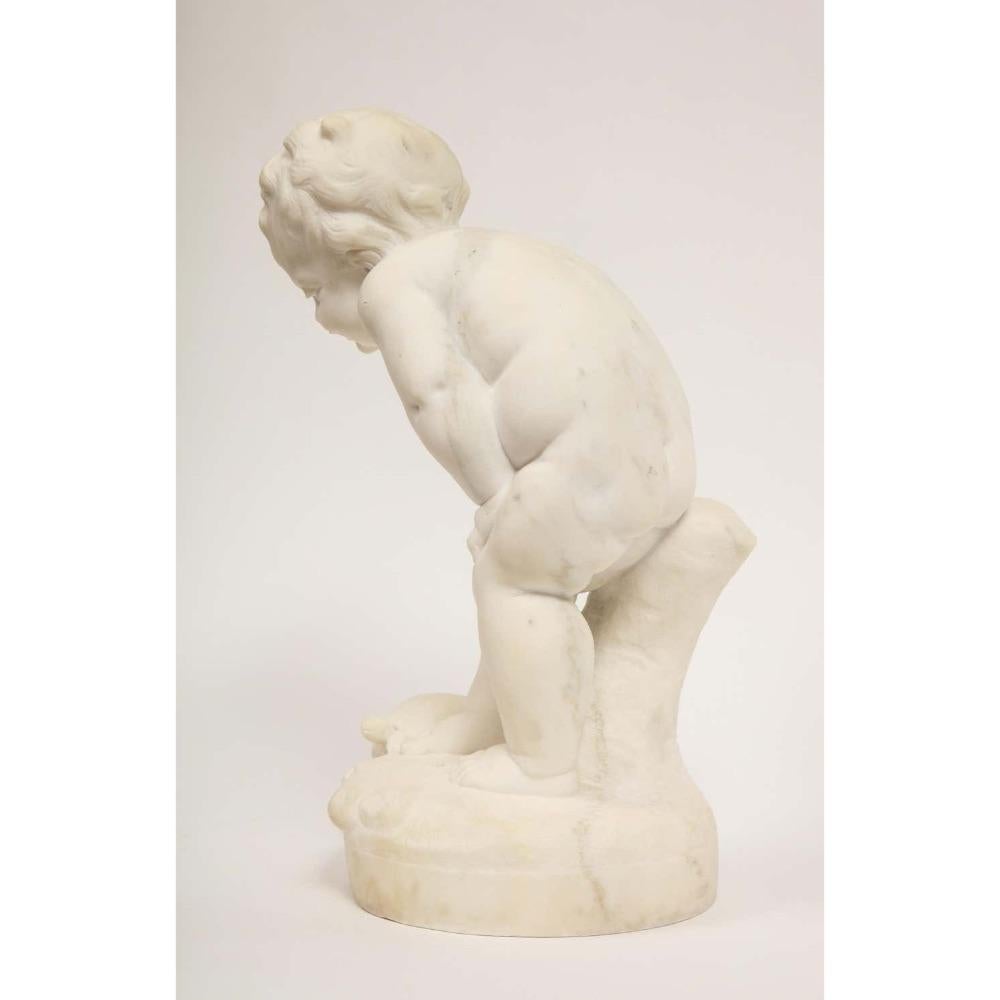 Benoit Rougelet, F. Barbedienne, a White Marble Sculpture of a Putti and Turtle 9