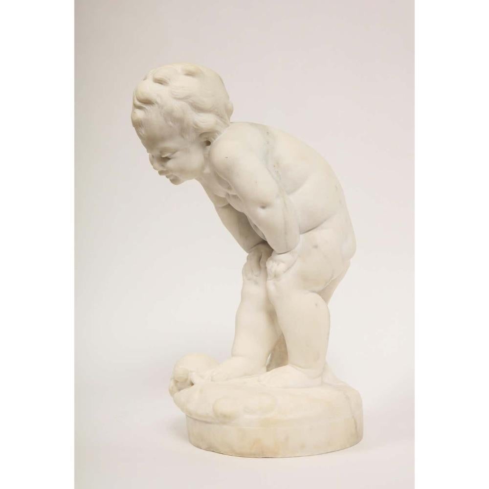 Benoit Rougelet, F. Barbedienne, a White Marble Sculpture of a Putti and Turtle 10