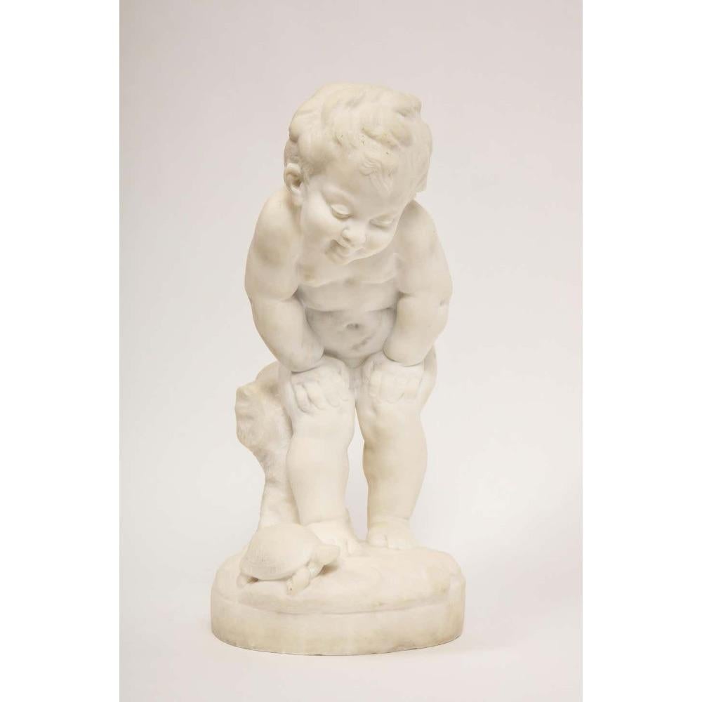 Benoit Rougelet, F. Barbedienne, a charming French white marble sculpture of a Putti and Turtle, circa 1870.  

Extremely life-like and charming, this white marble sculpture depicts a happy, young, baby putti standing and observing a turtle.  